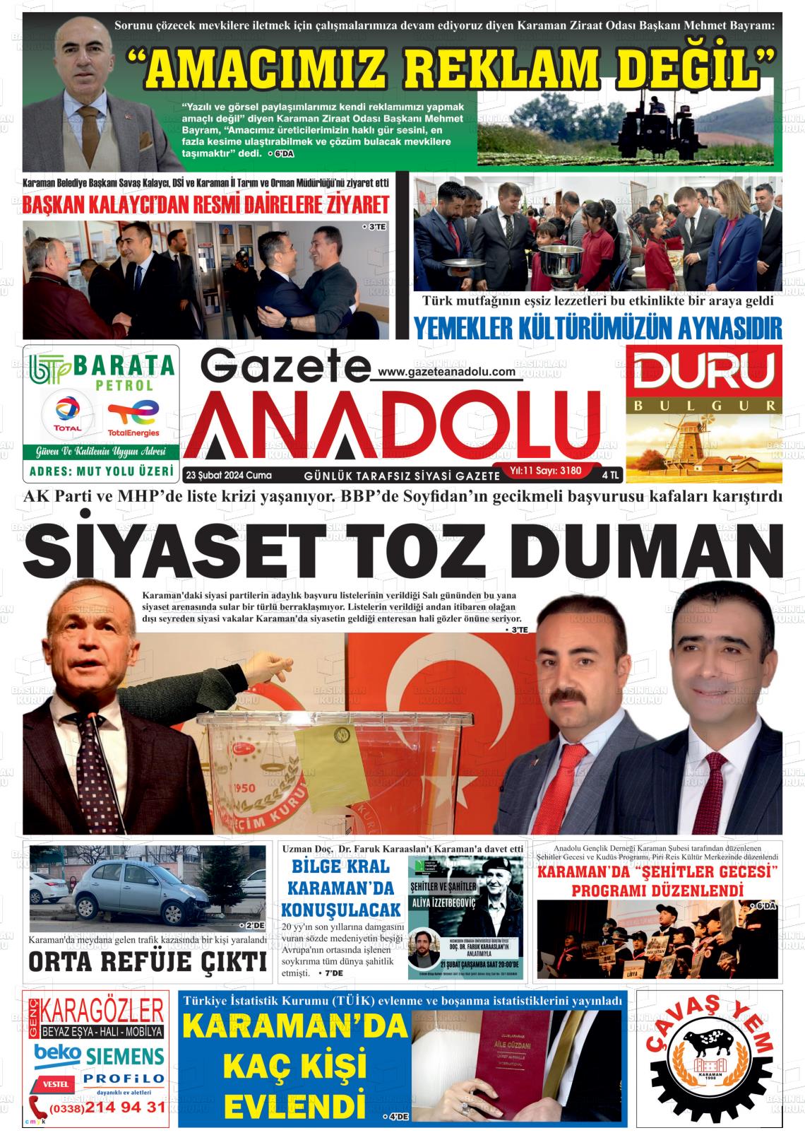 23 Şubat 2024 Gazete Anadolu Gazete Manşeti