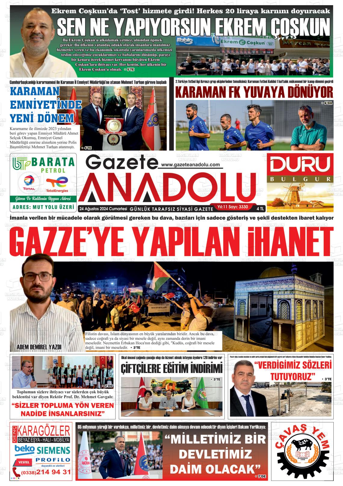 24 Ağustos 2024 Gazete Anadolu Gazete Manşeti