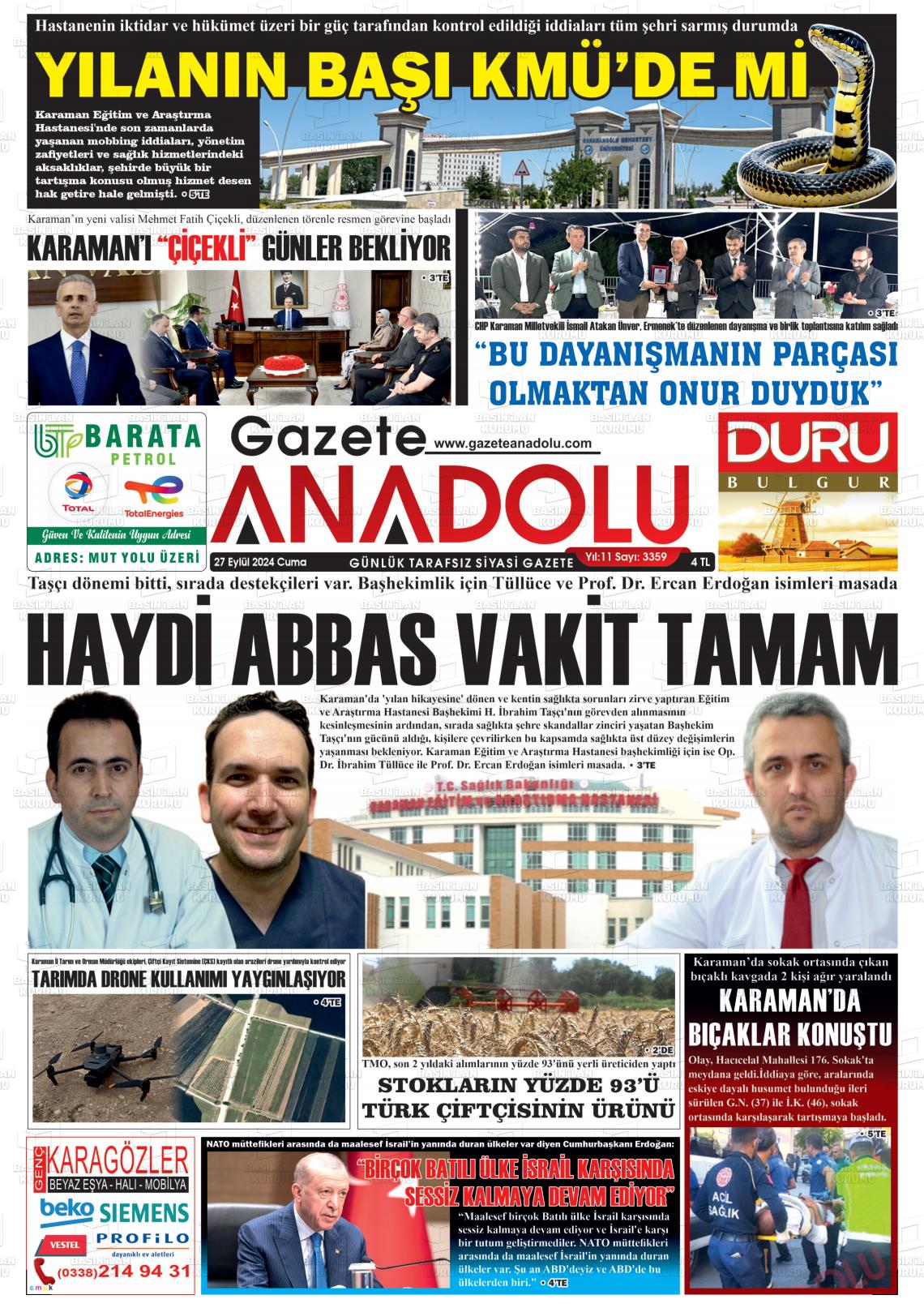 27 Eylül 2024 Gazete Anadolu Gazete Manşeti