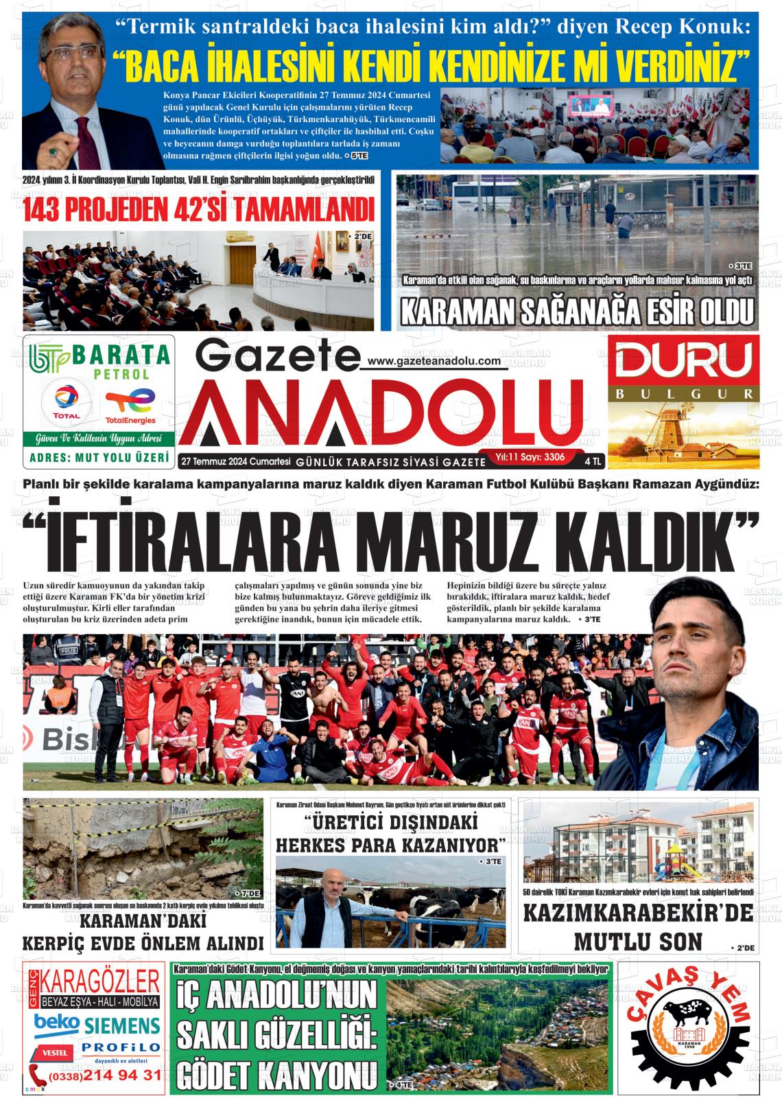 27 Temmuz 2024 Gazete Anadolu Gazete Manşeti