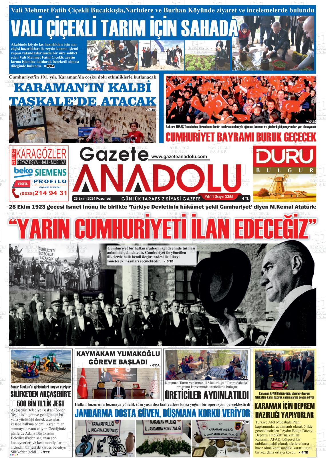 28 Ekim 2024 Gazete Anadolu Gazete Manşeti