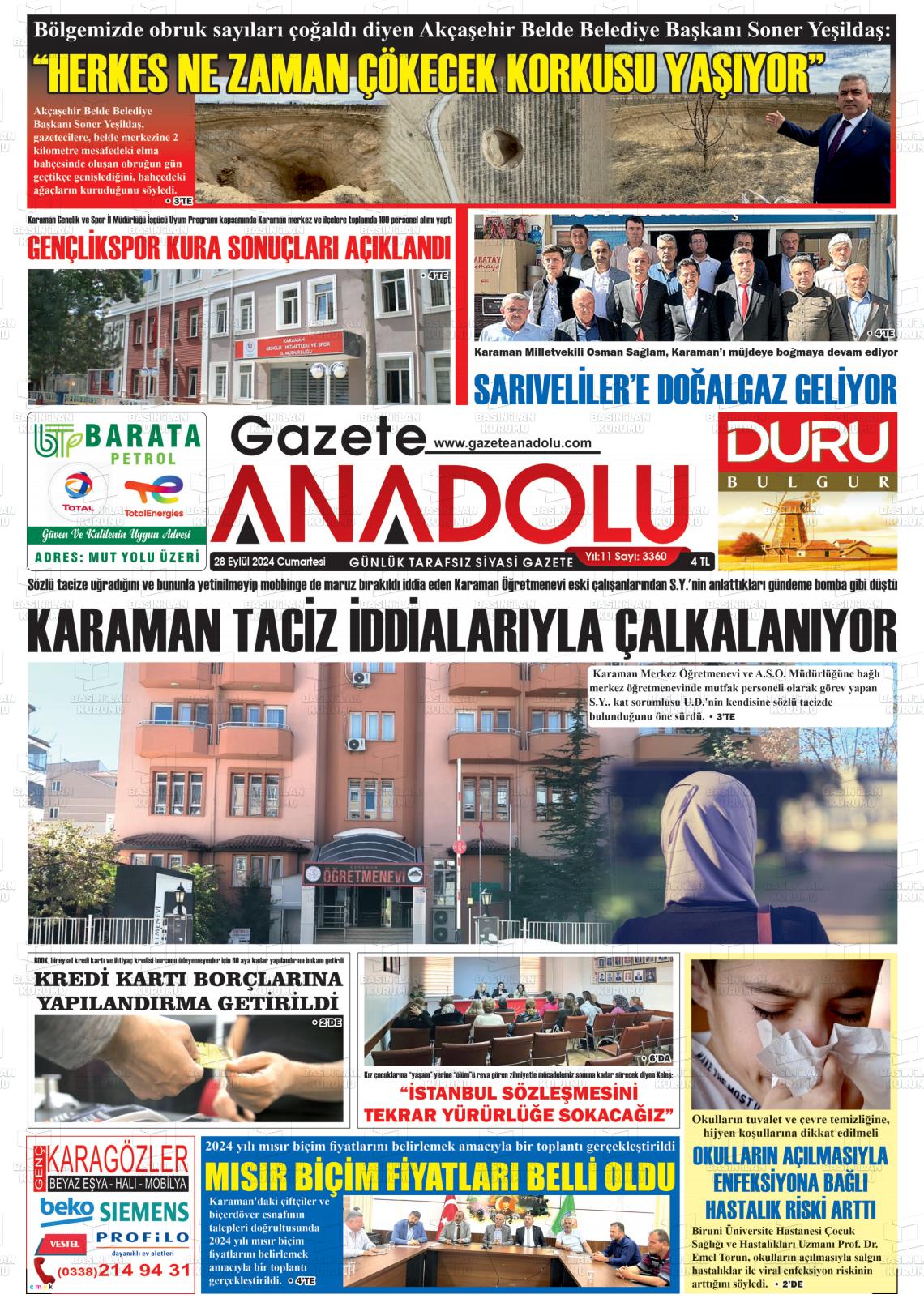 28 Eylül 2024 Gazete Anadolu Gazete Manşeti