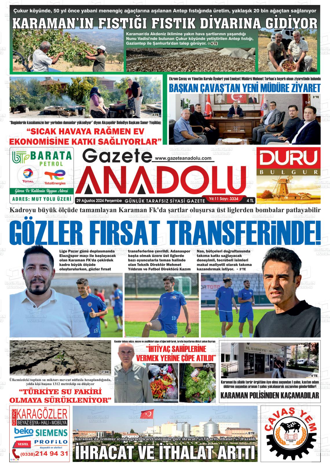 29 Ağustos 2024 Gazete Anadolu Gazete Manşeti