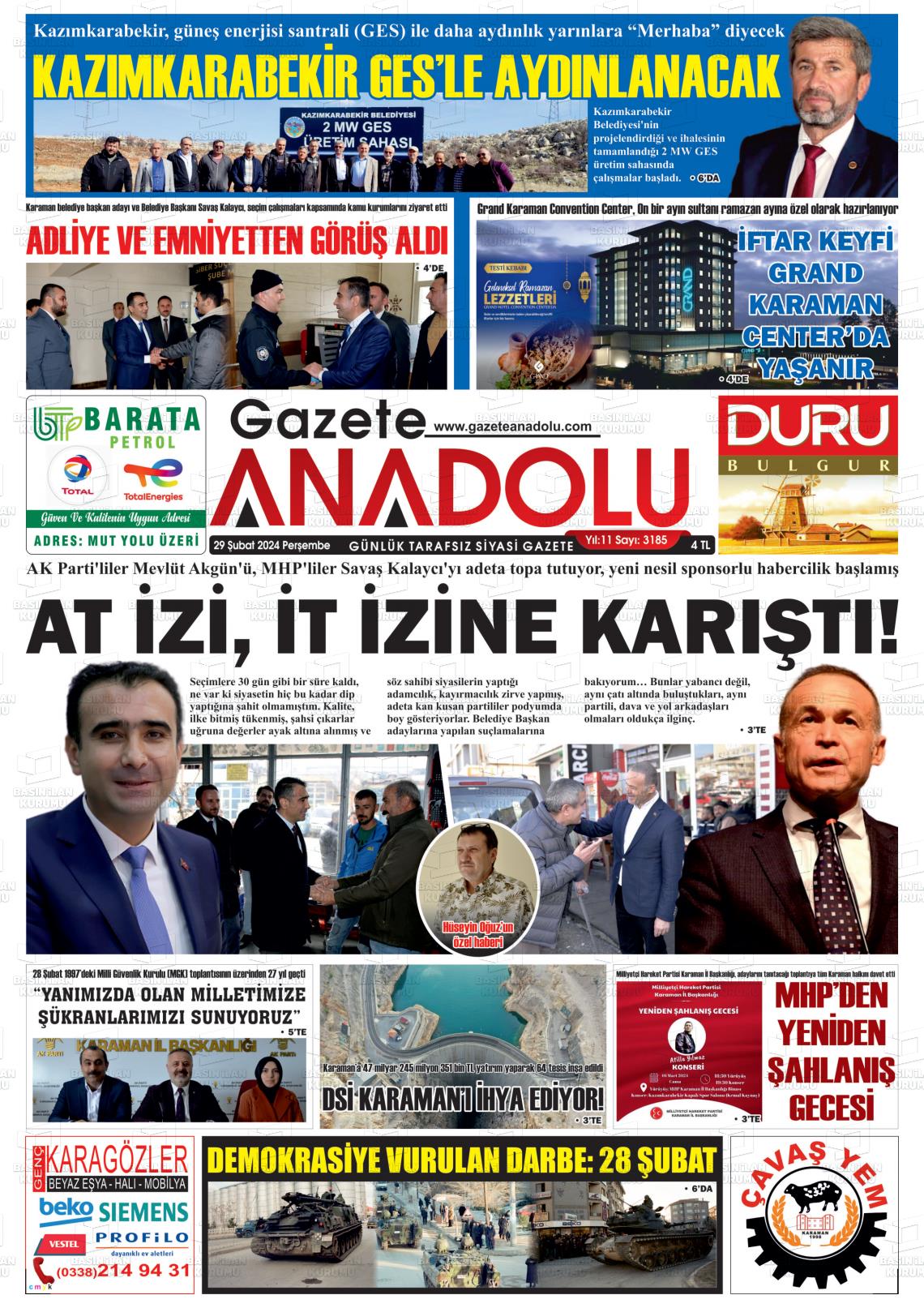 29 Şubat 2024 Gazete Anadolu Gazete Manşeti