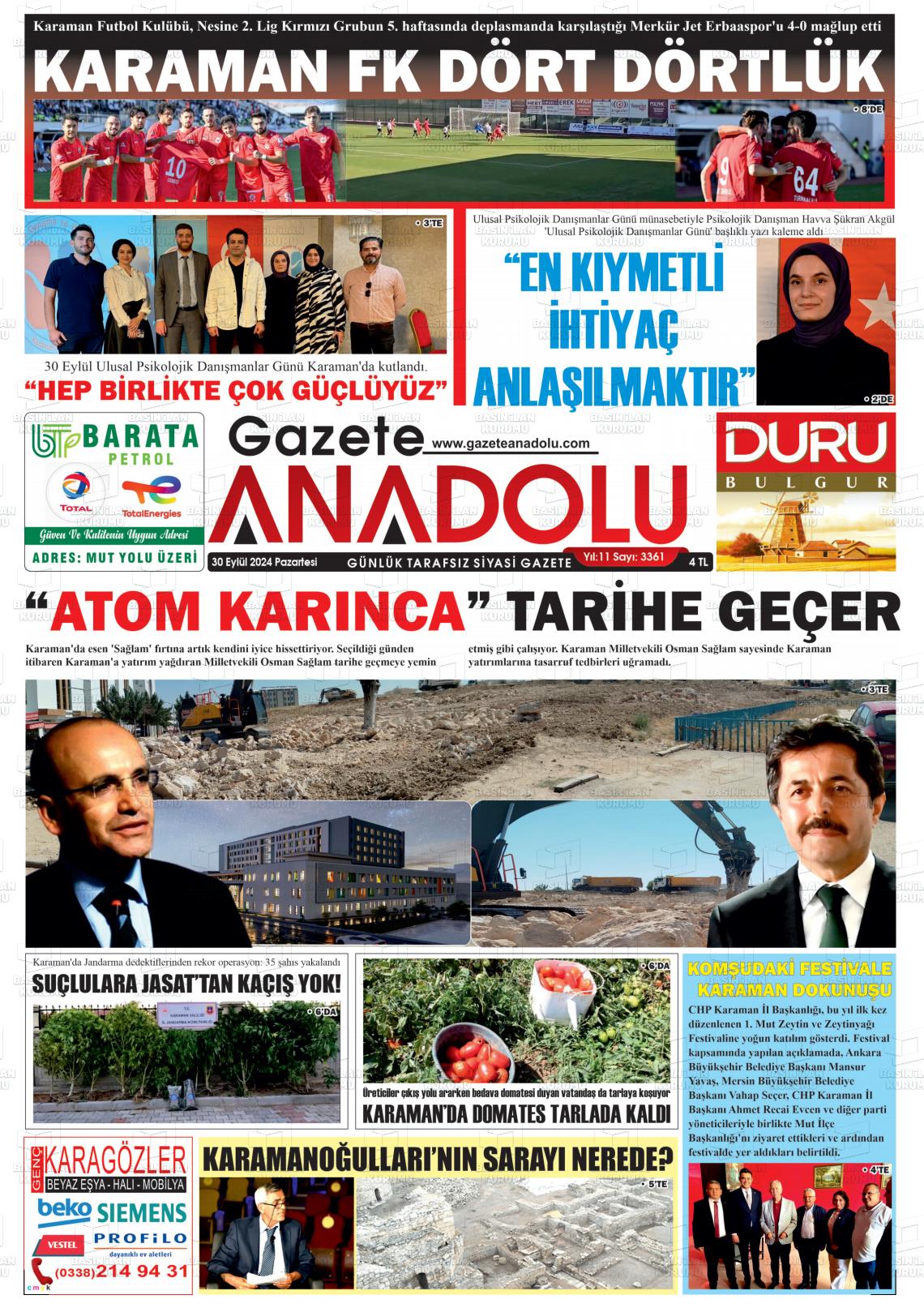 30 Eylül 2024 Gazete Anadolu Gazete Manşeti