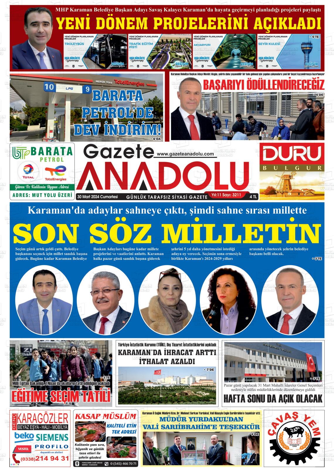 30 Mart 2024 Gazete Anadolu Gazete Manşeti