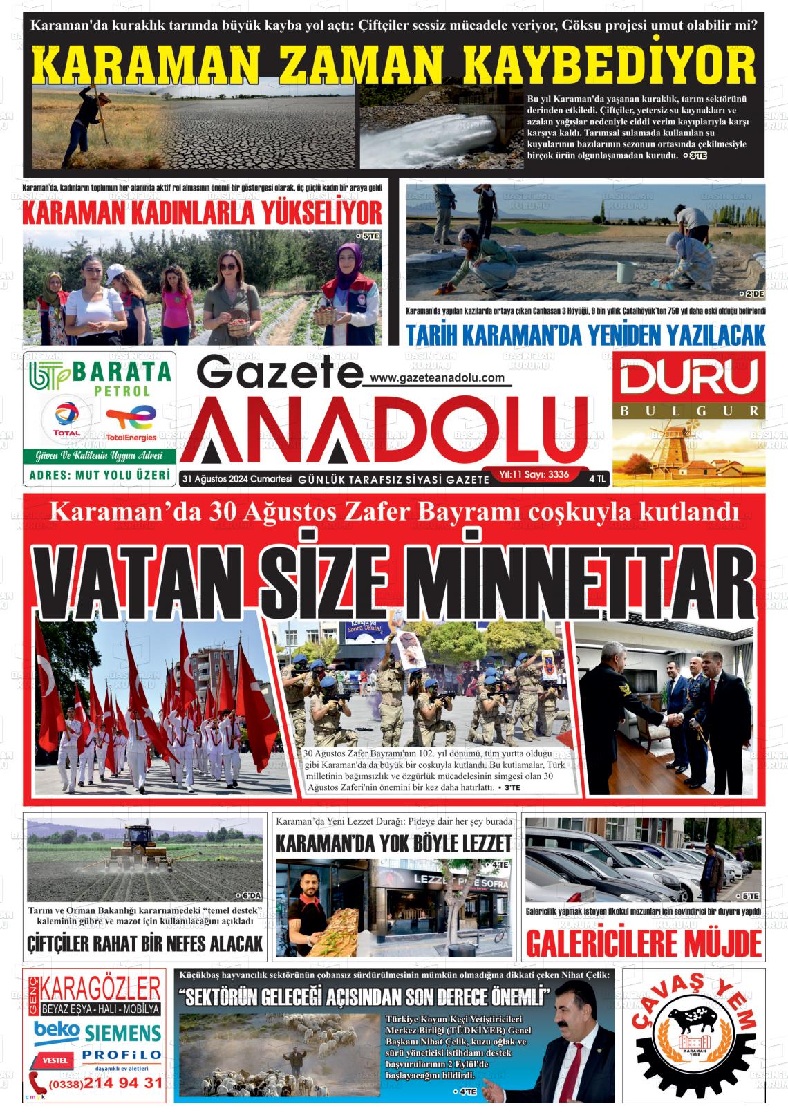 31 Ağustos 2024 Gazete Anadolu Gazete Manşeti