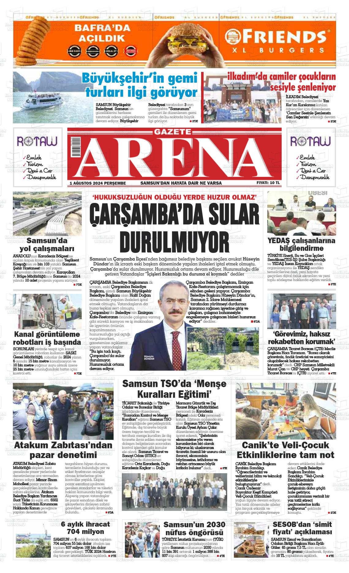 01 Ağustos 2024 Arena Gazete Manşeti