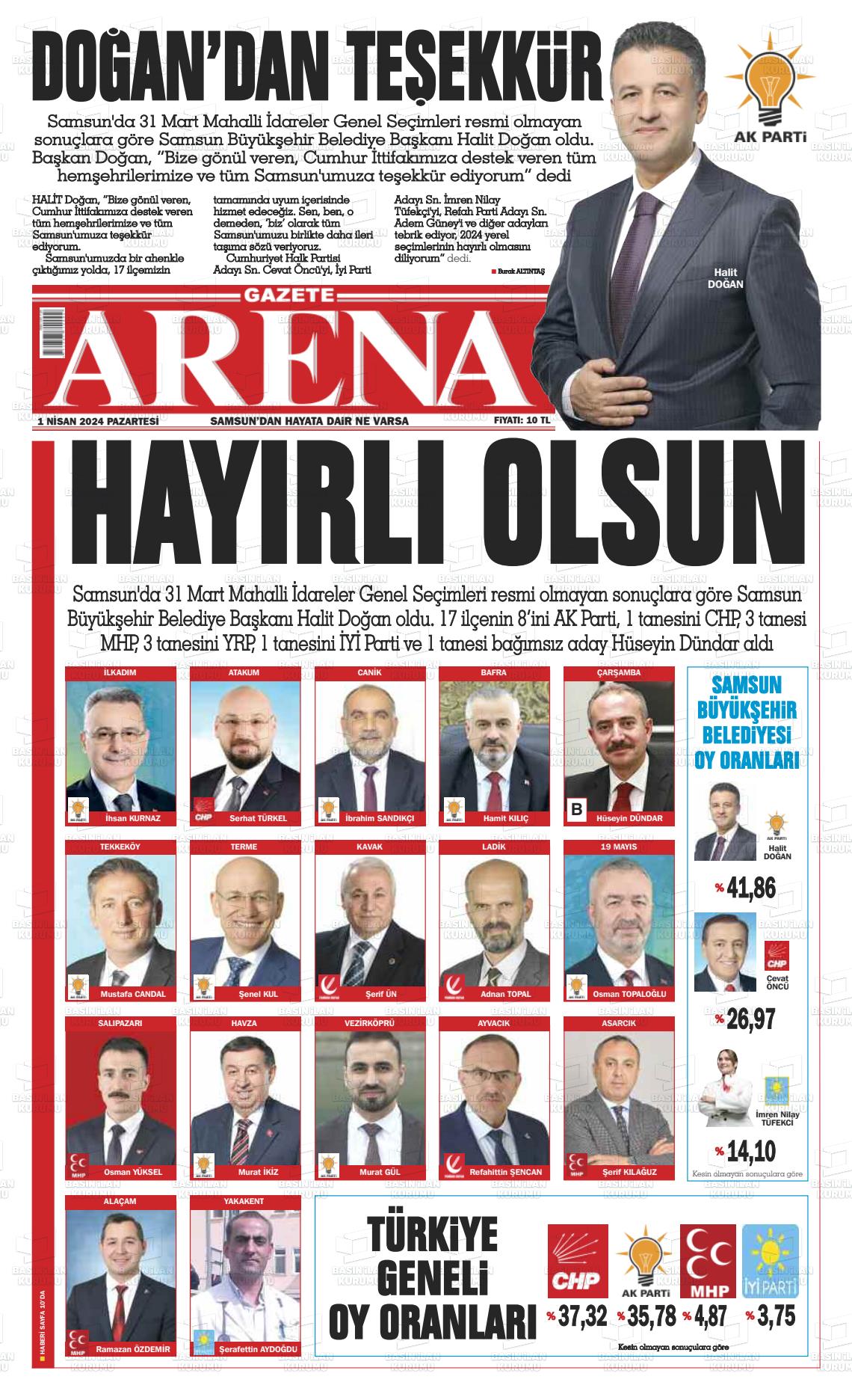 01 Nisan 2024 Arena Gazete Manşeti