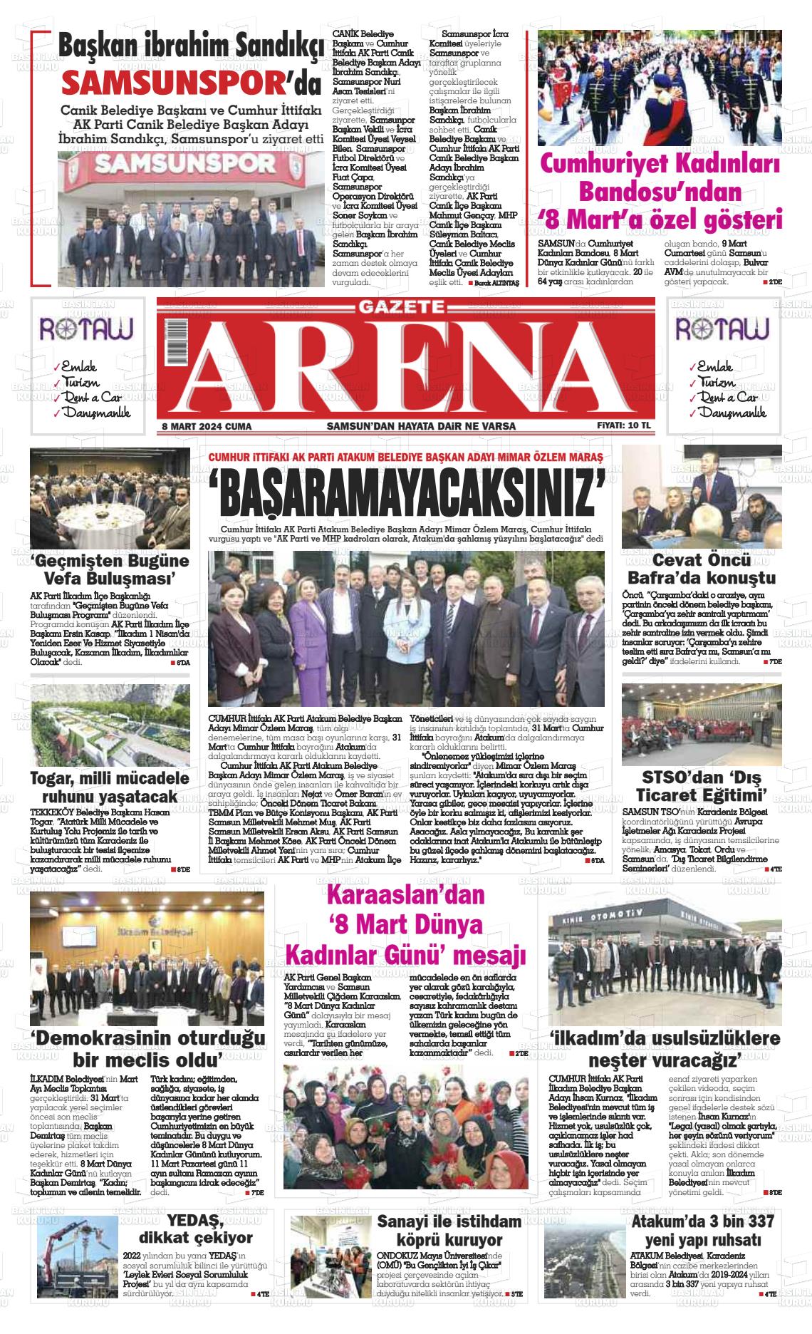 08 Mart 2024 Arena Gazete Manşeti