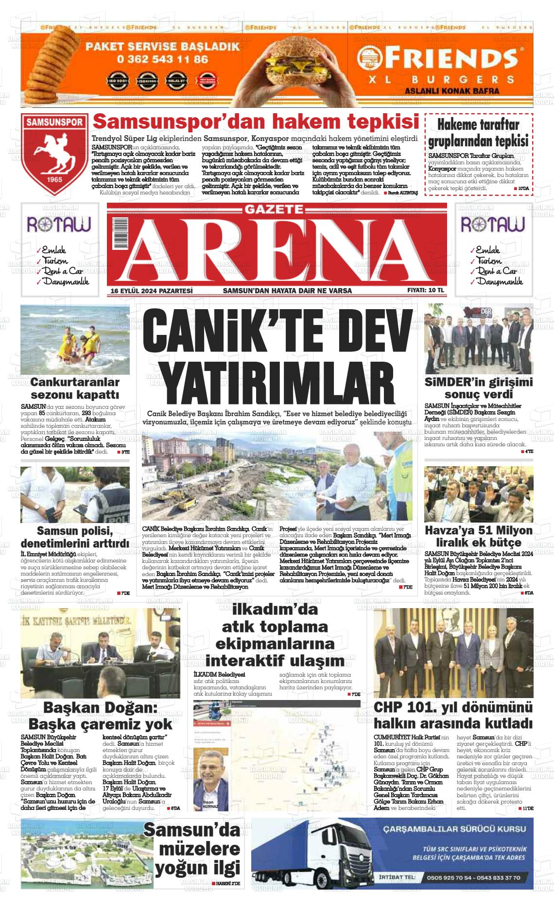 16 Eylül 2024 Arena Gazete Manşeti