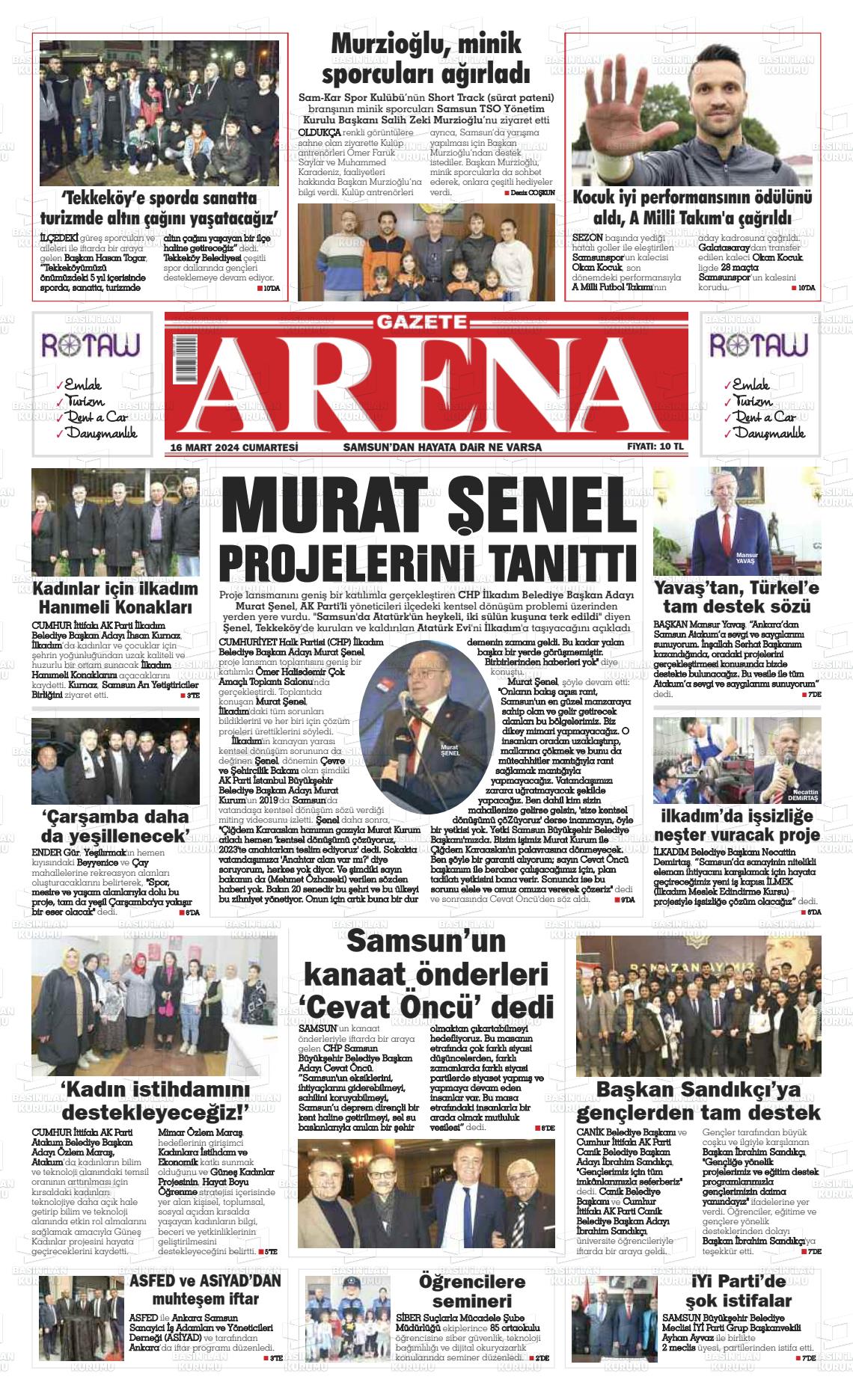 16 Mart 2024 Arena Gazete Manşeti