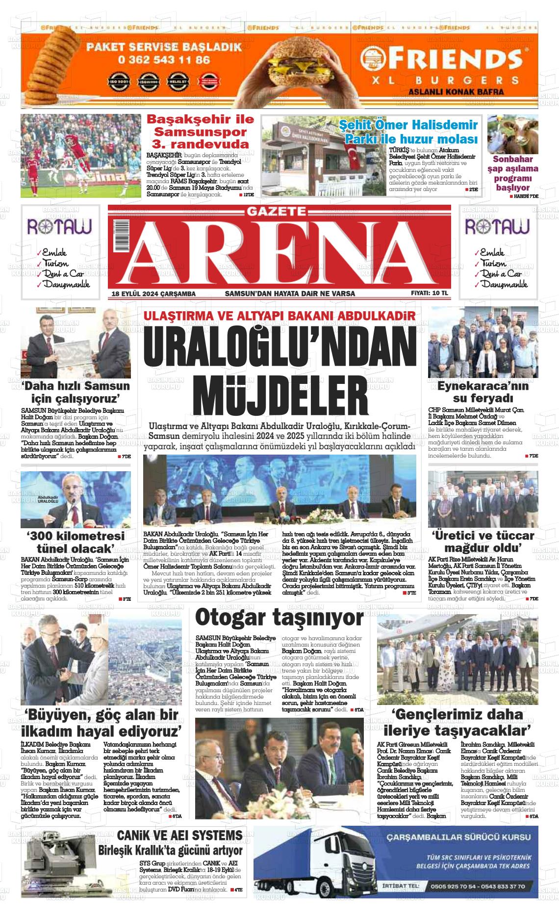 18 Eylül 2024 Arena Gazete Manşeti