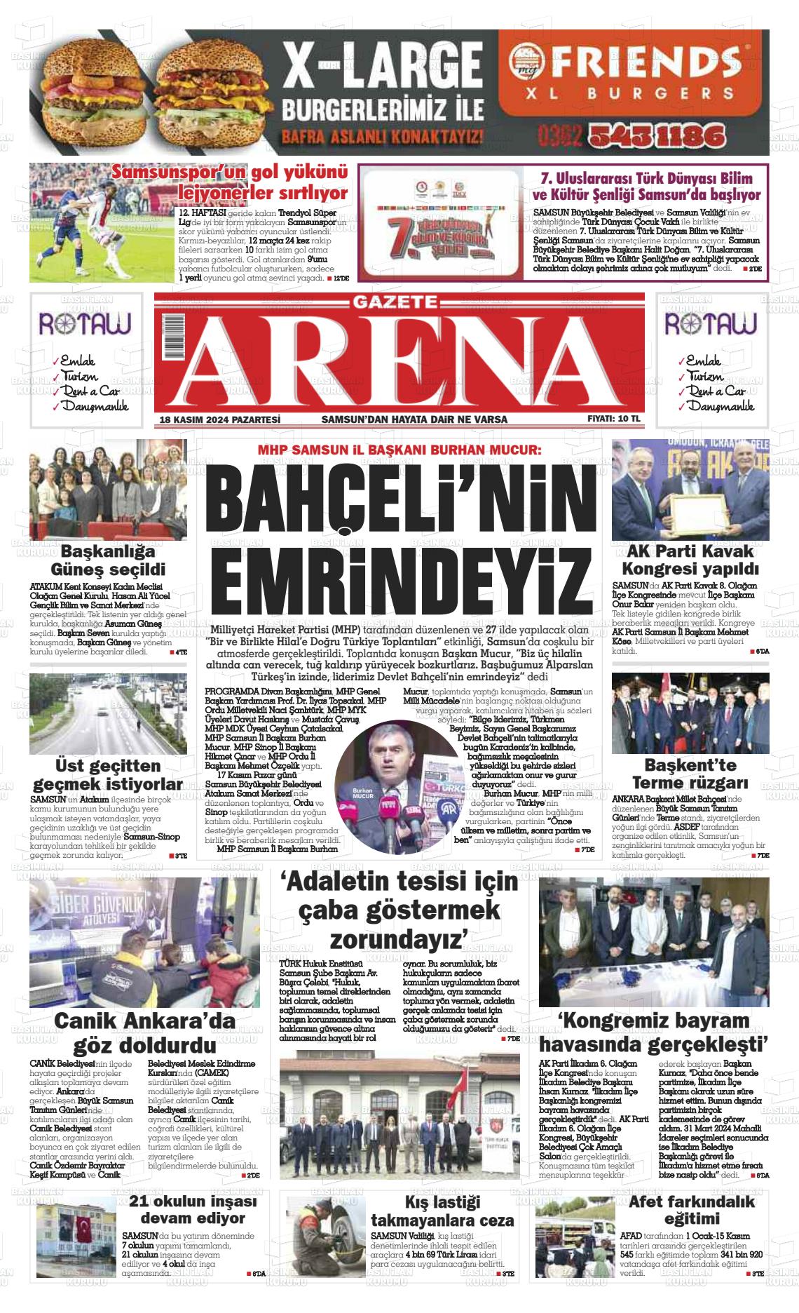 18 Kasım 2024 Arena Gazete Manşeti