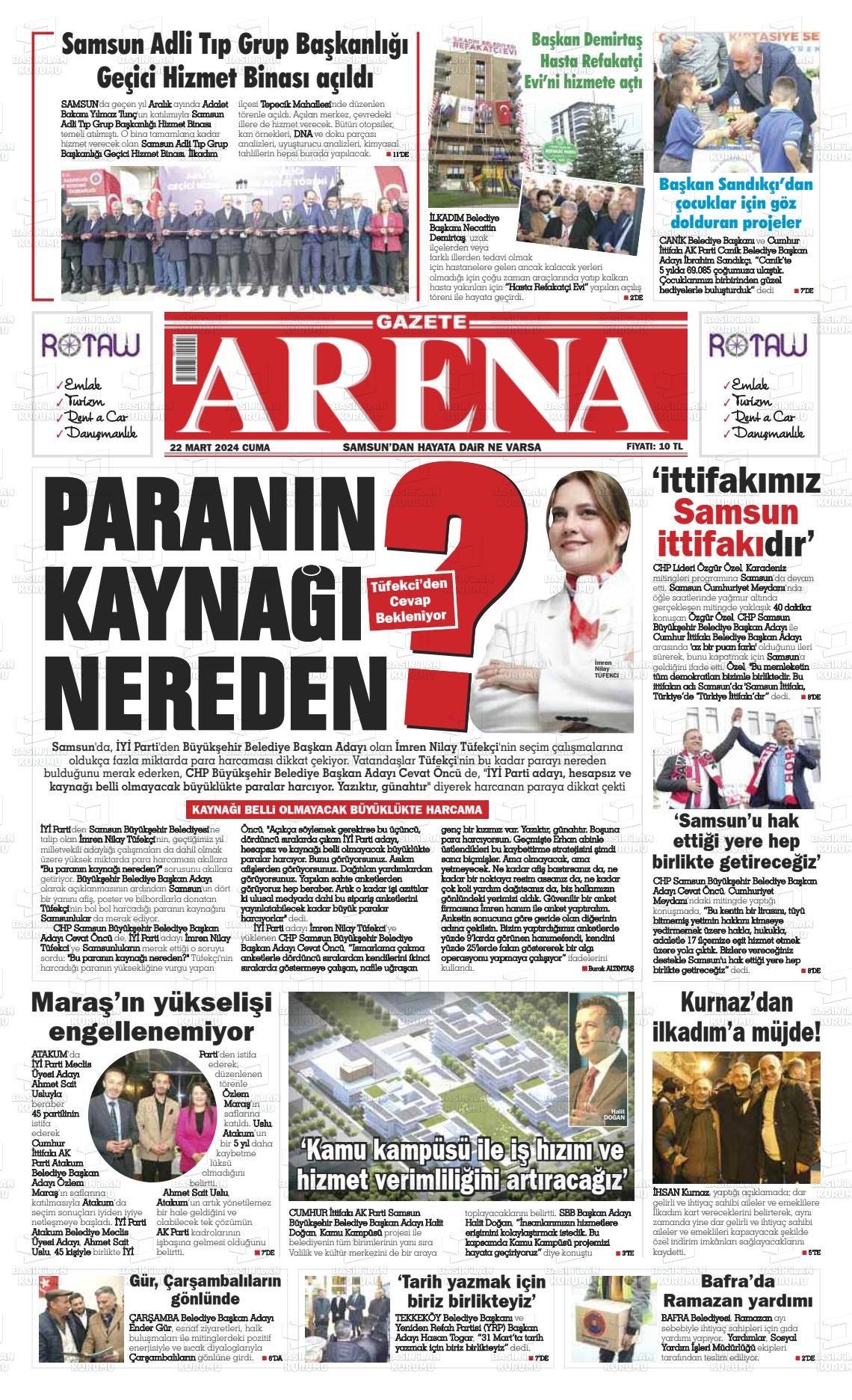 22 Mart 2024 Arena Gazete Manşeti