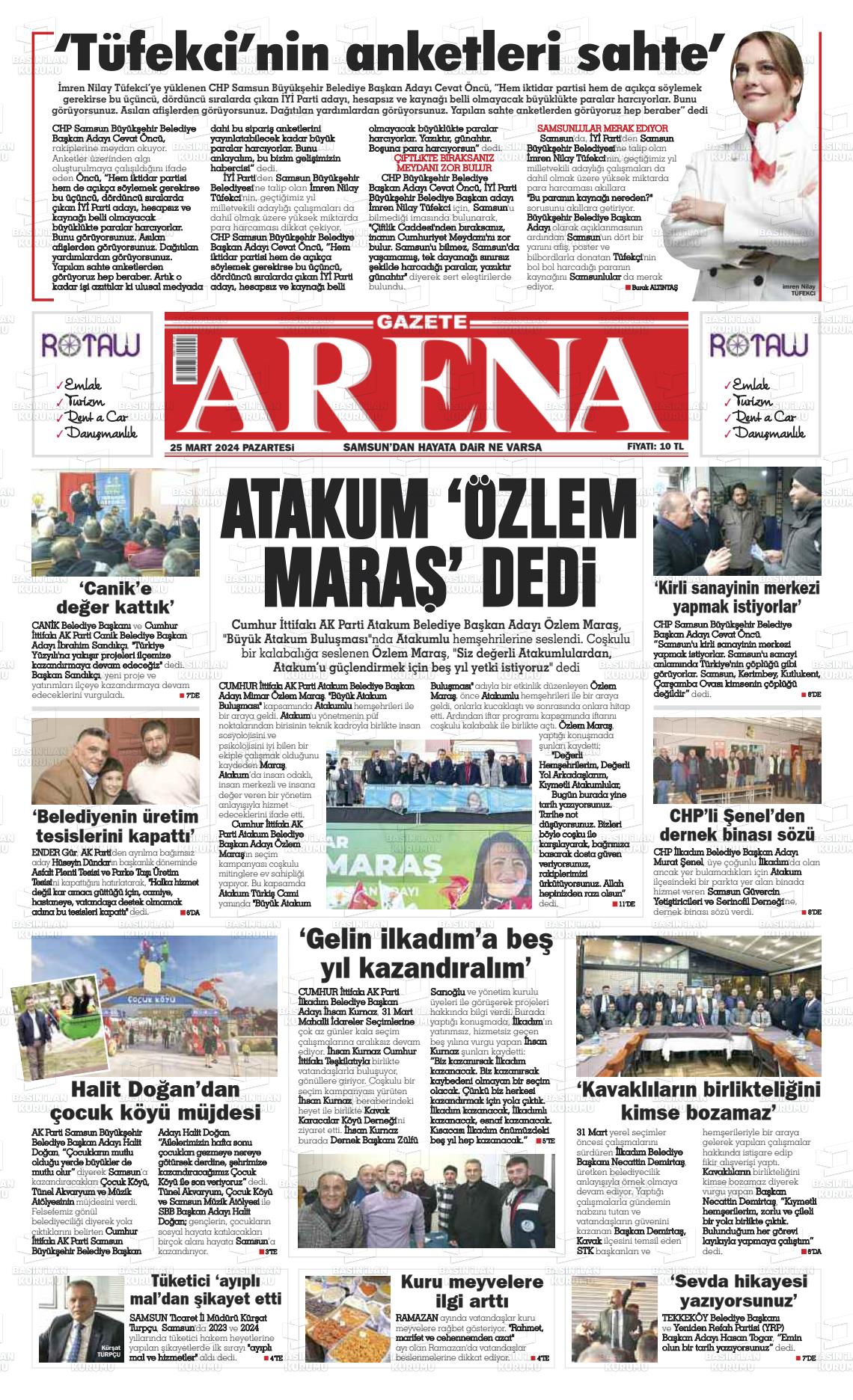 25 Mart 2024 Arena Gazete Manşeti