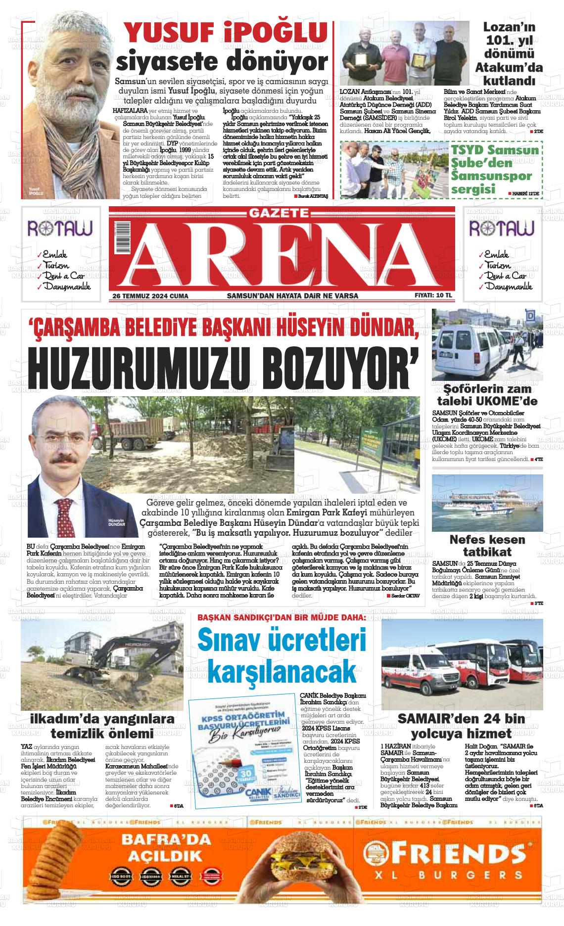 26 Temmuz 2024 Arena Gazete Manşeti