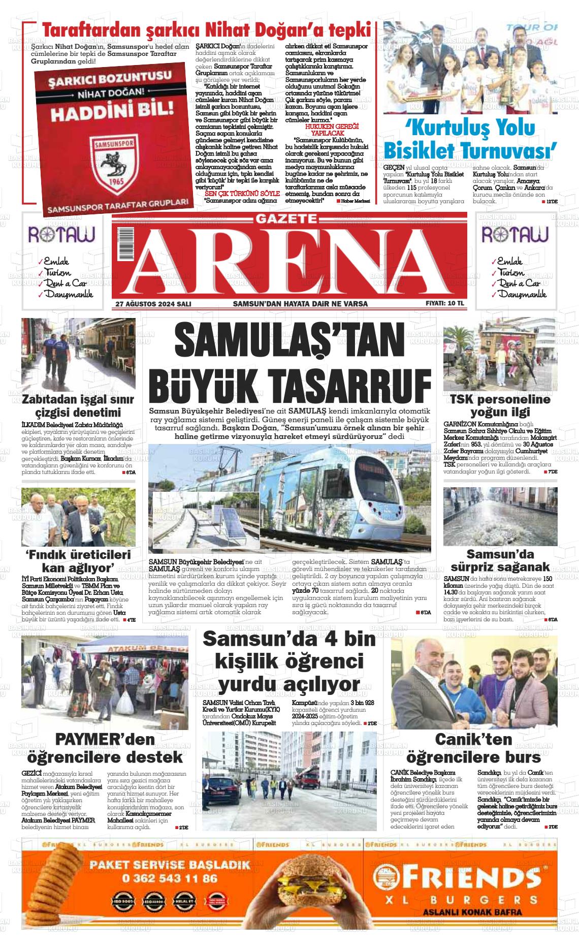 27 Ağustos 2024 Arena Gazete Manşeti