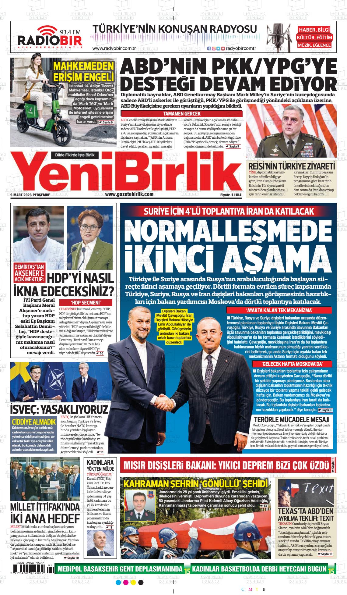 09 Mart 2023 Yeni Birlik Gazete Manşeti