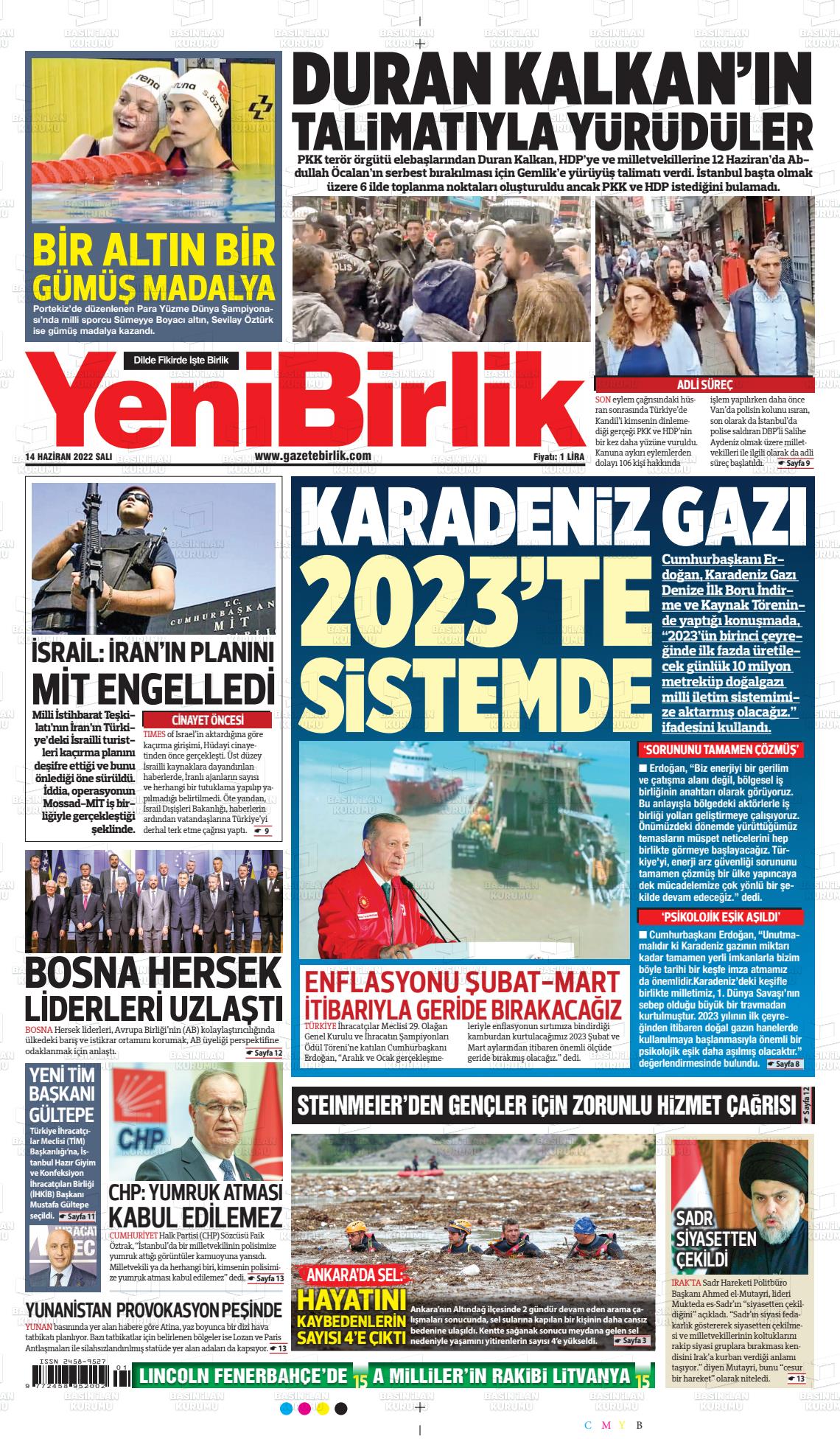 14 Haziran 2022 Yeni Birlik Gazete Manşeti