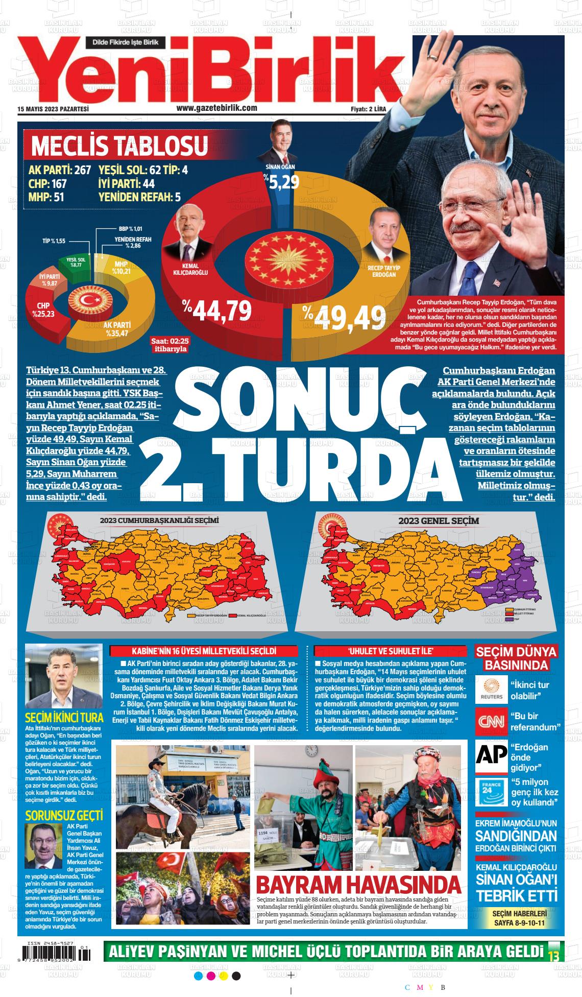 15 Mayıs 2023 Yeni Birlik Gazete Manşeti