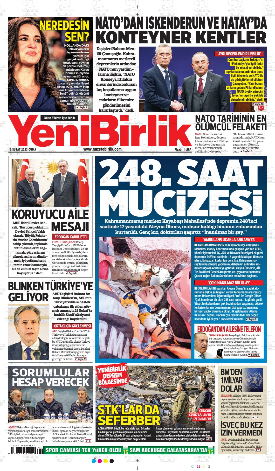 17 Şubat 2023 Yeni Birlik Gazete Manşeti