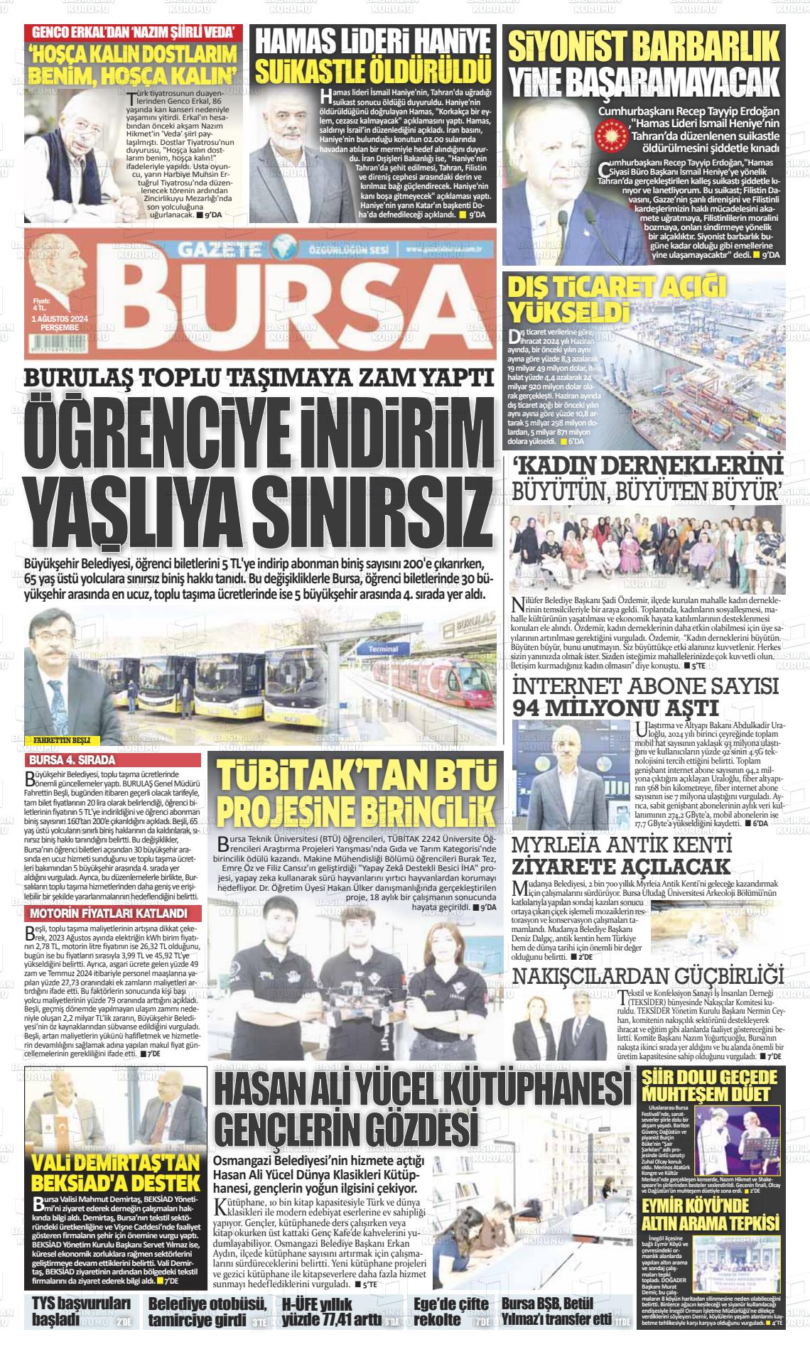 01 Ağustos 2024 Gazete Bursa Gazete Manşeti