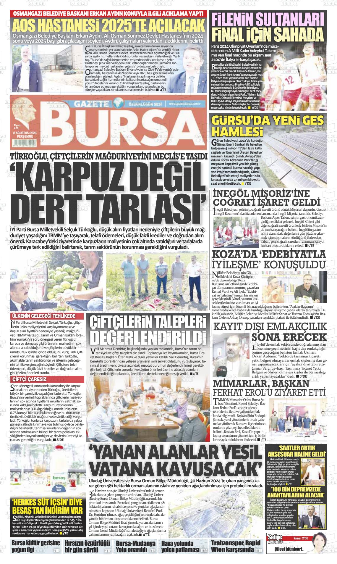 08 Ağustos 2024 Gazete Bursa Gazete Manşeti