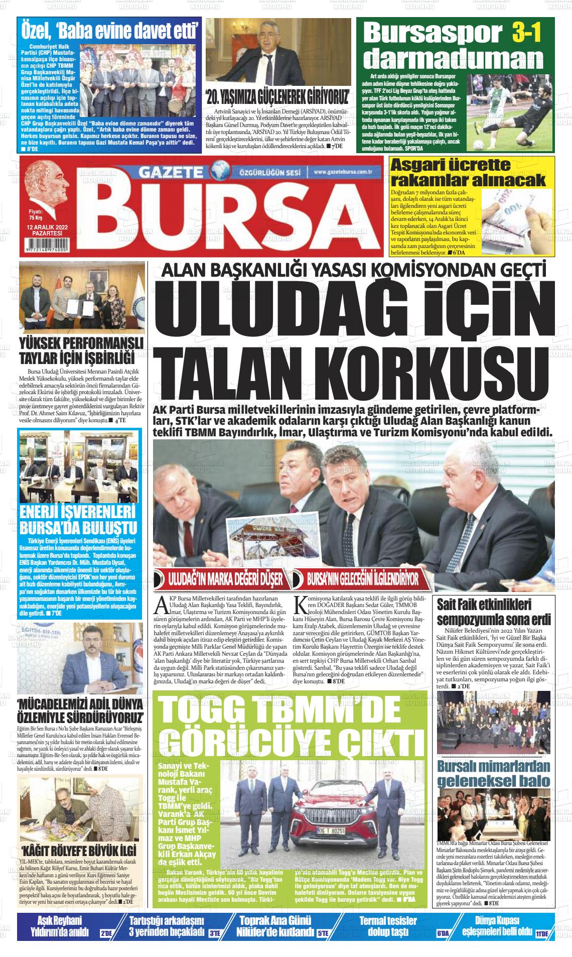 12 Aralık 2022 Gazete Bursa Gazete Manşeti