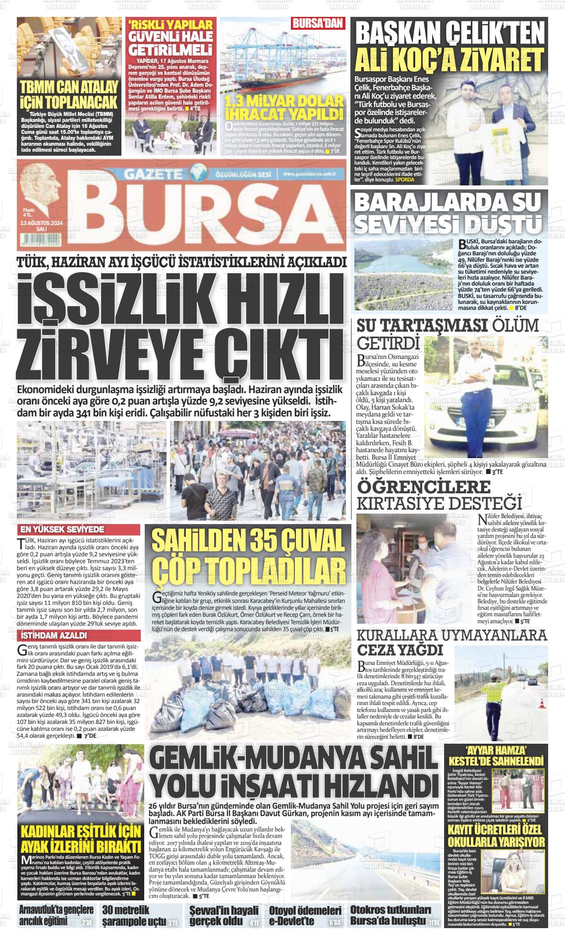 13 Ağustos 2024 Gazete Bursa Gazete Manşeti