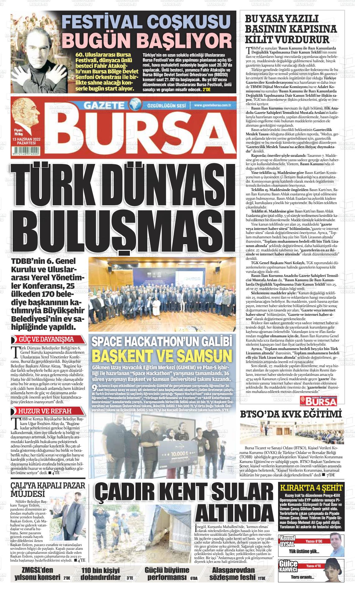 13 Haziran 2022 Gazete Bursa Gazete Manşeti