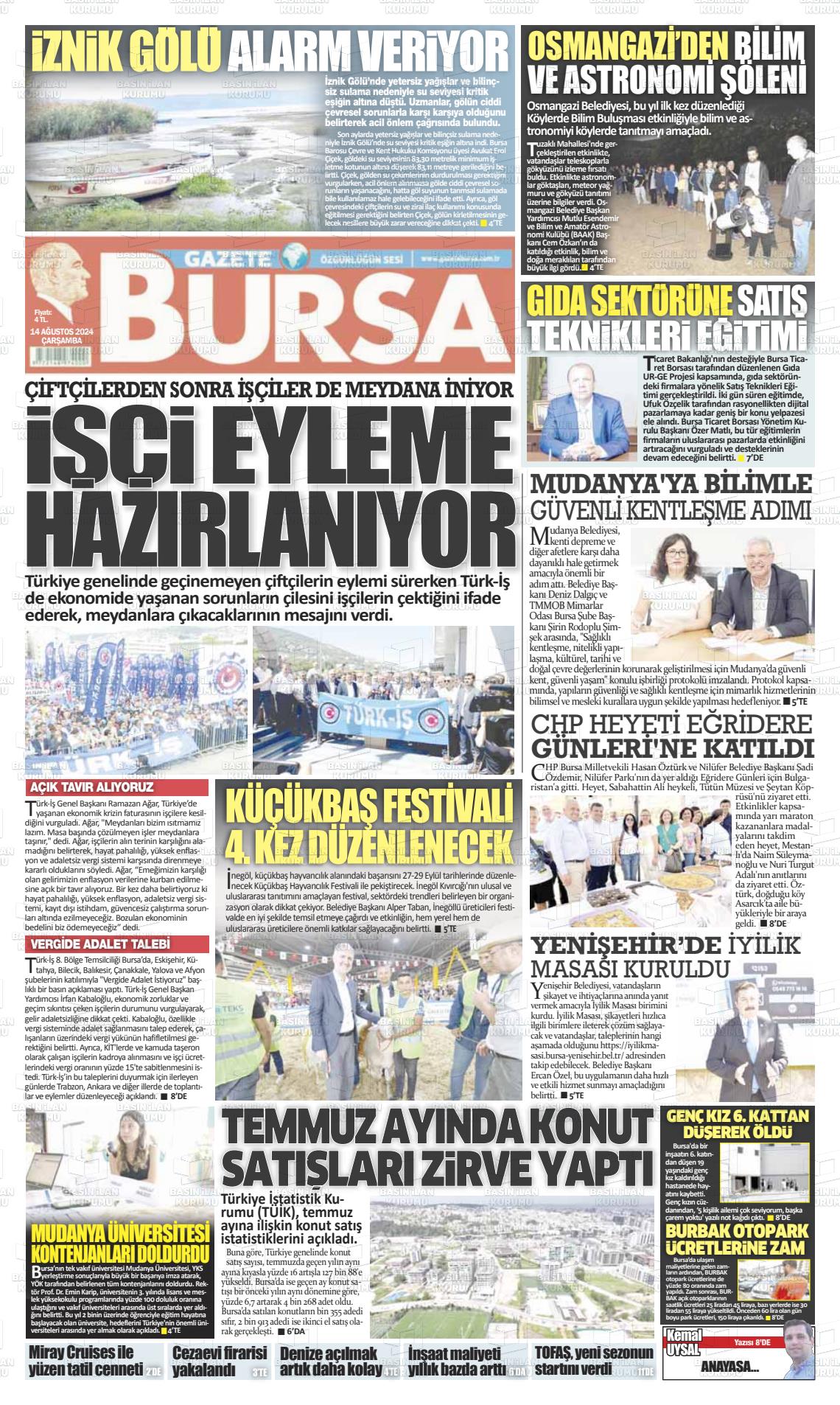 14 Ağustos 2024 Gazete Bursa Gazete Manşeti