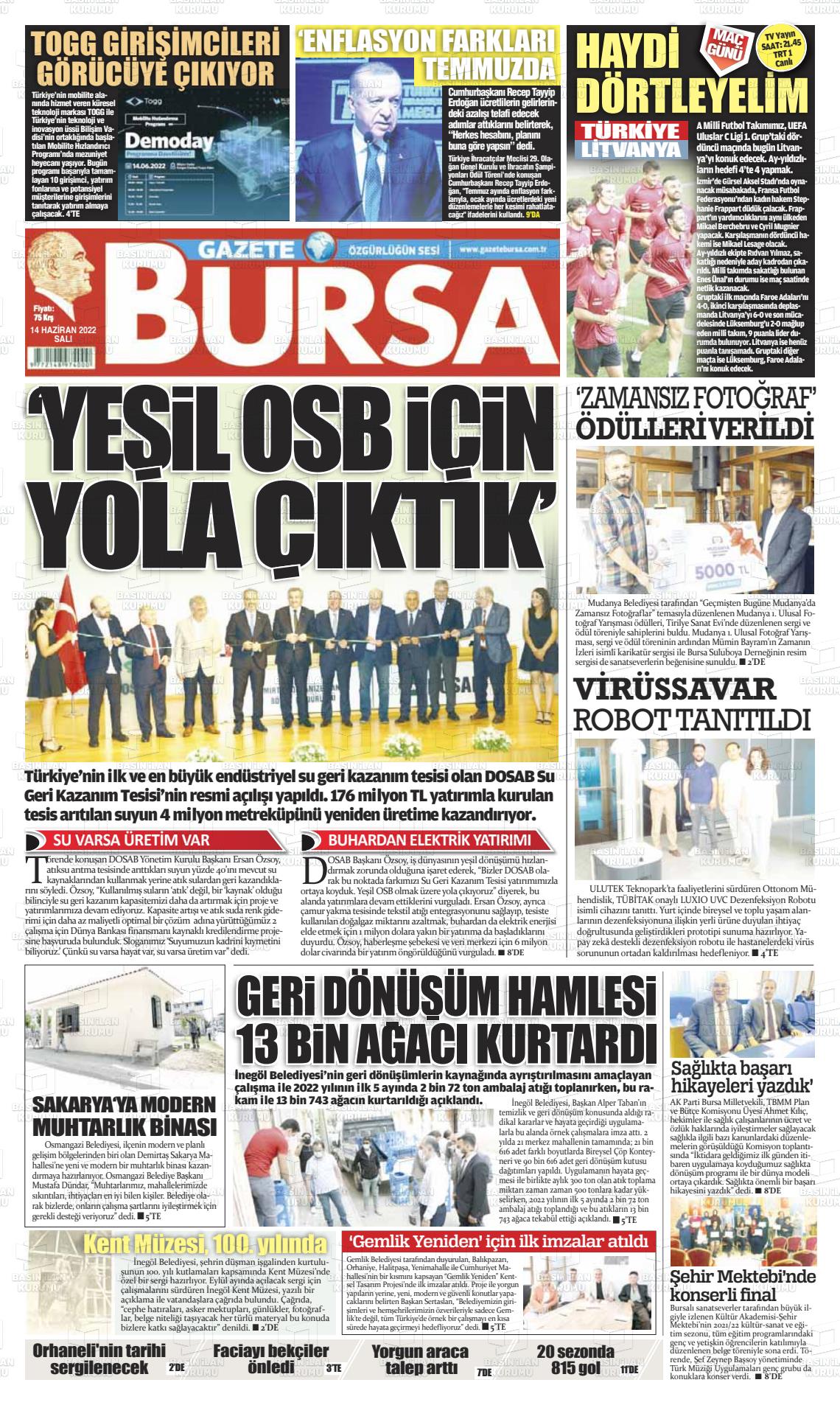 14 Haziran 2022 Gazete Bursa Gazete Manşeti