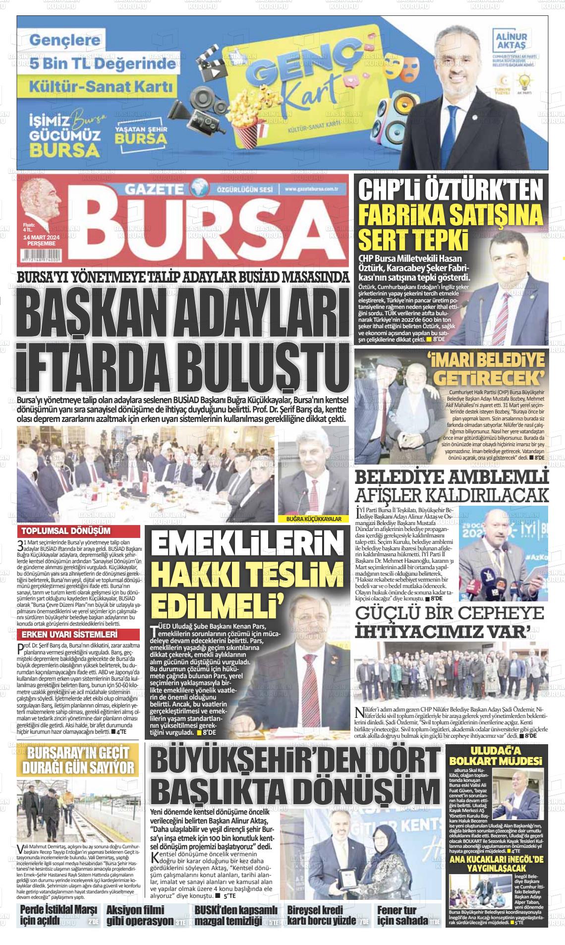 14 Mart 2024 Gazete Bursa Gazete Manşeti