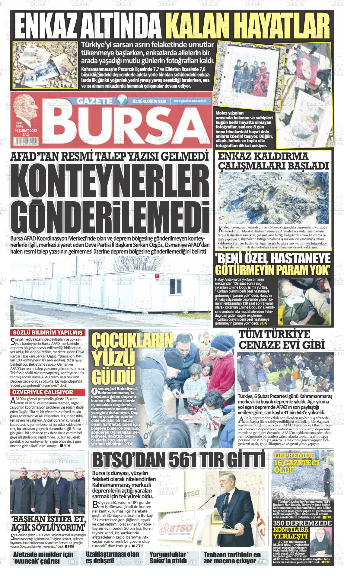 14 Şubat 2023 Gazete Bursa Gazete Manşeti