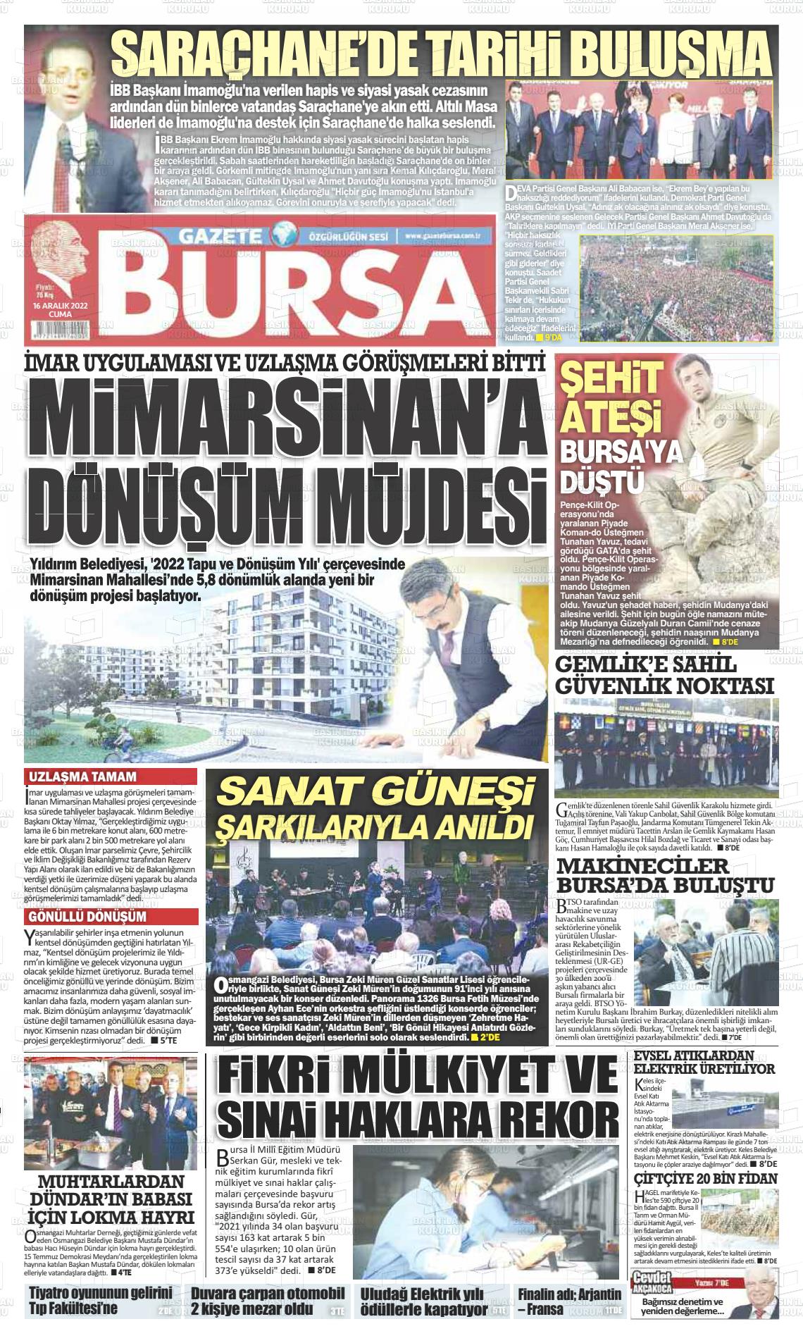 16 Aralık 2022 Gazete Bursa Gazete Manşeti