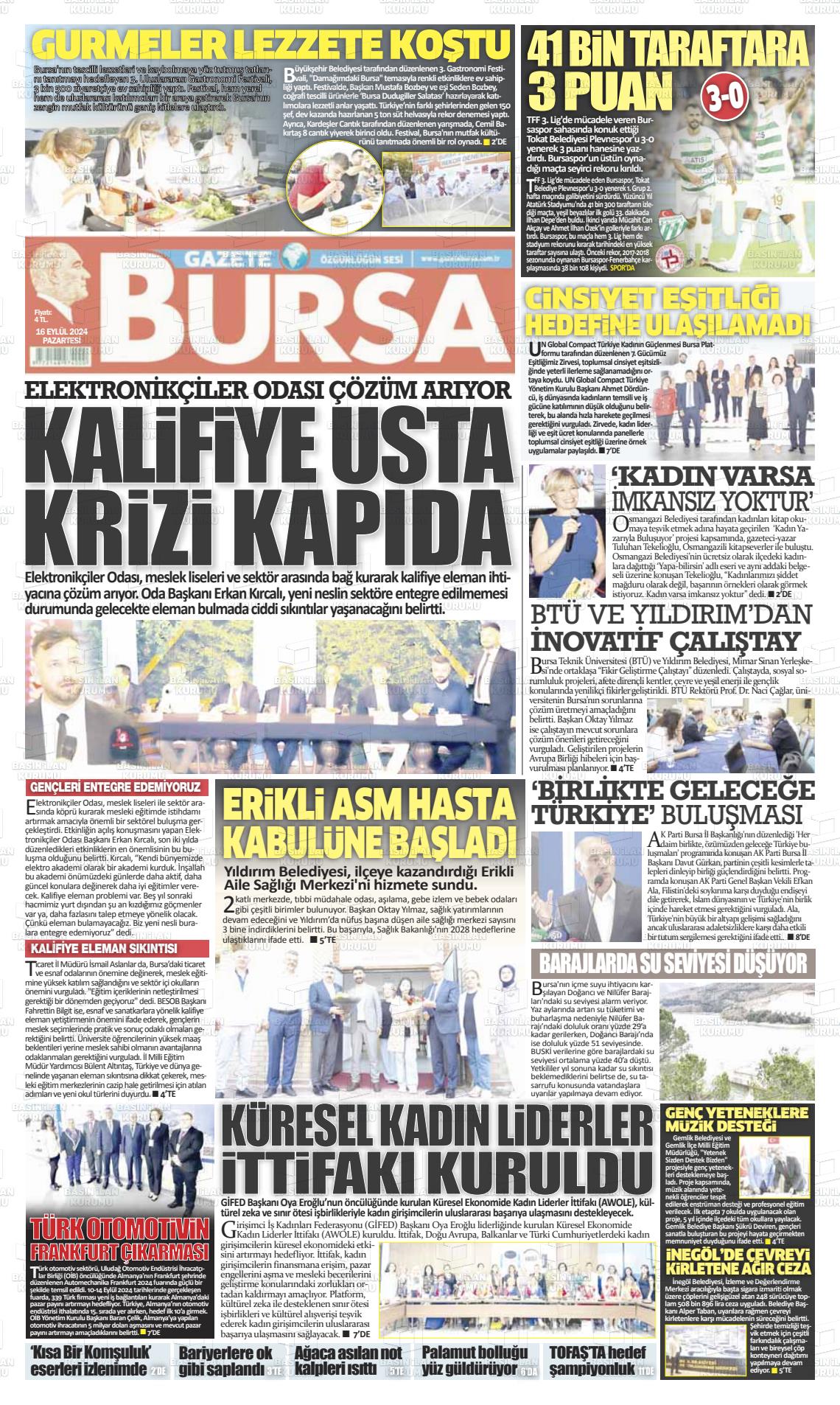 16 Eylül 2024 Gazete Bursa Gazete Manşeti