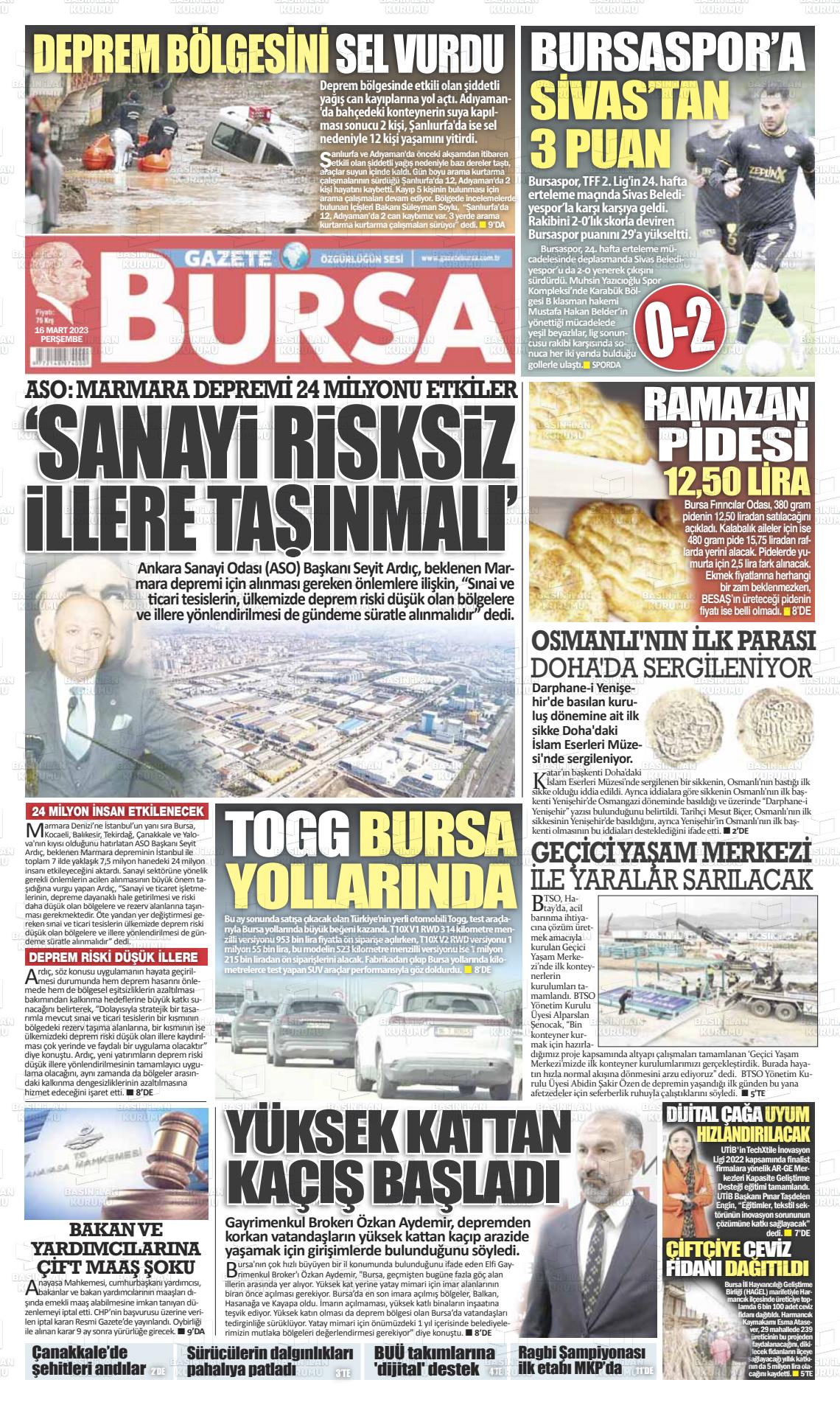 16 Mart 2023 Gazete Bursa Gazete Manşeti