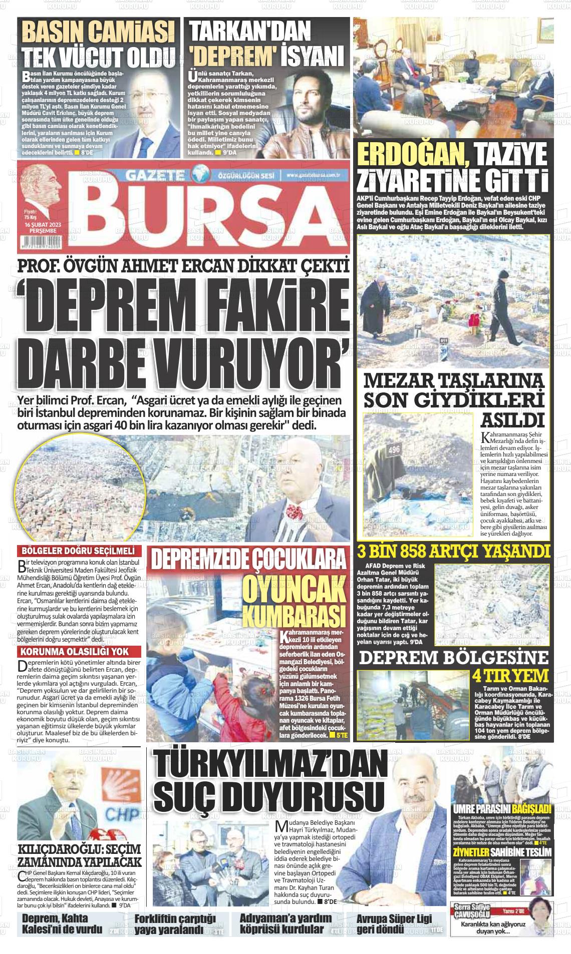 16 Şubat 2023 Gazete Bursa Gazete Manşeti