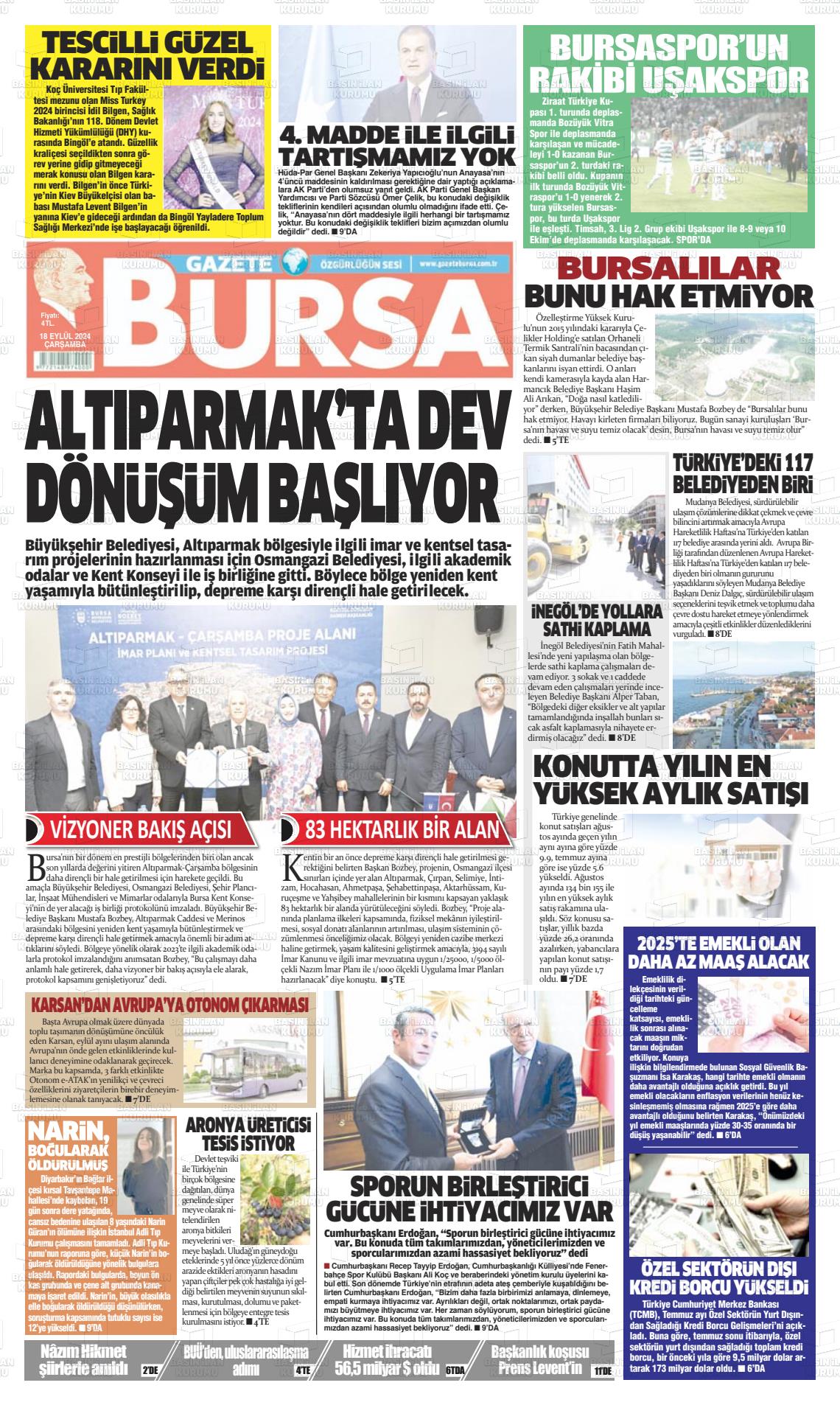 18 Eylül 2024 Gazete Bursa Gazete Manşeti