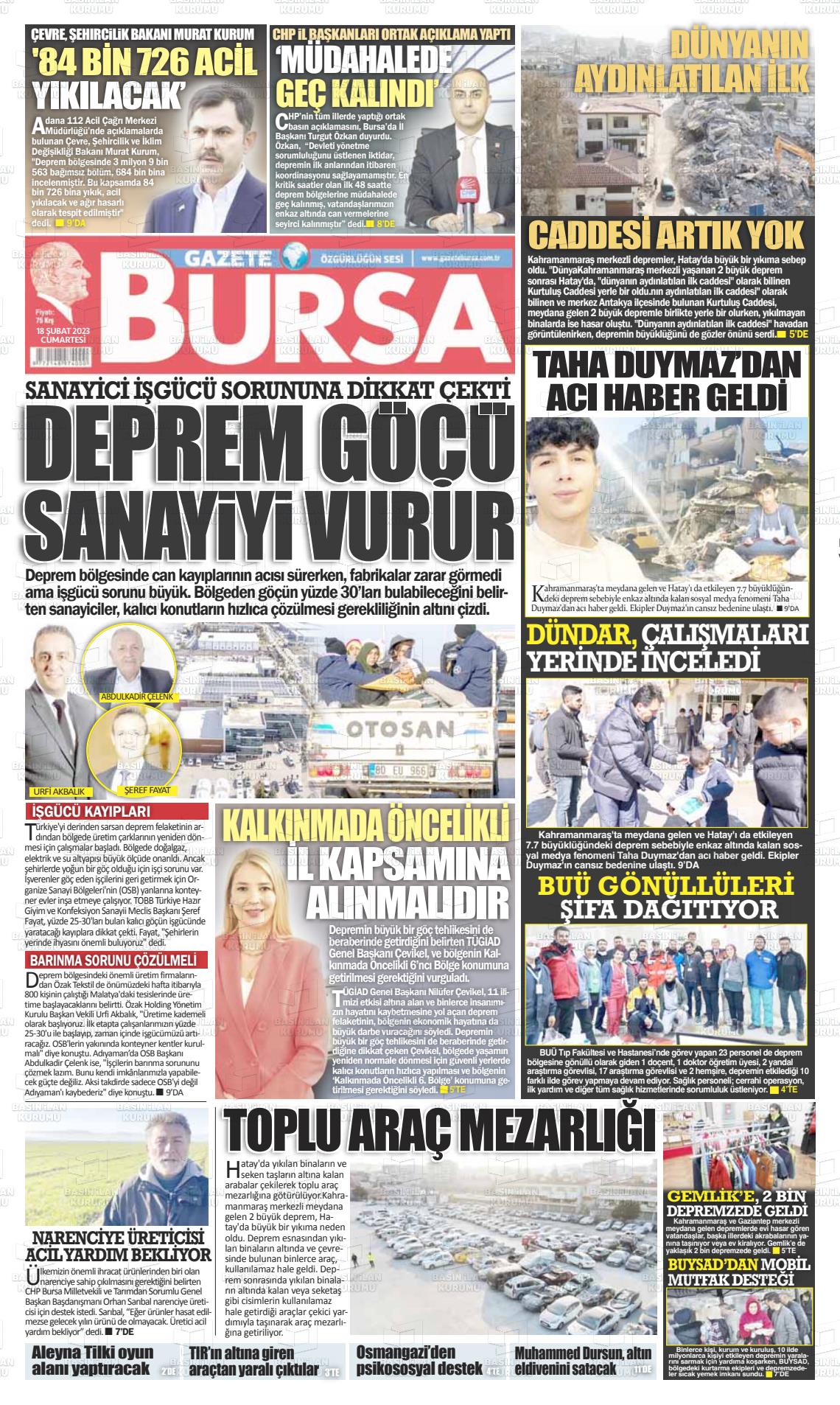 18 Şubat 2023 Gazete Bursa Gazete Manşeti