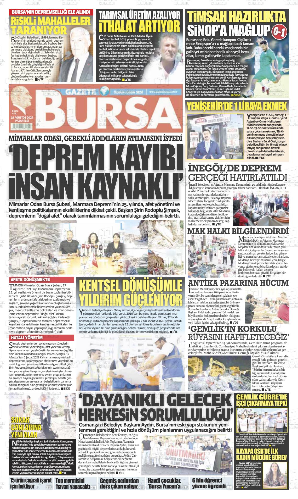 19 Ağustos 2024 Gazete Bursa Gazete Manşeti