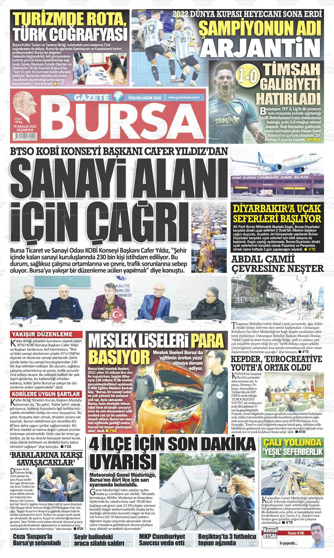 19 Aralık 2022 Gazete Bursa Gazete Manşeti