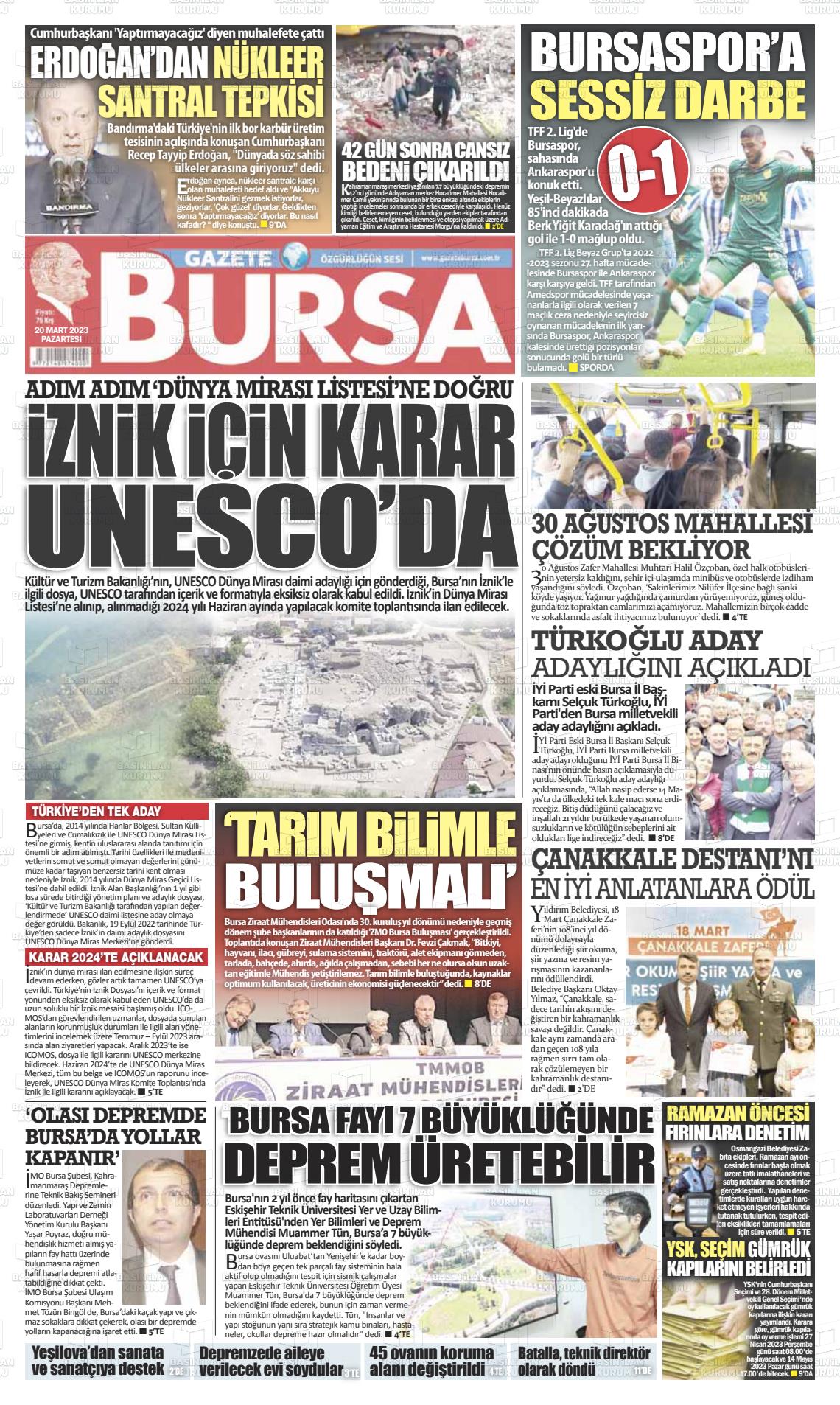 20 Mart 2023 Gazete Bursa Gazete Manşeti