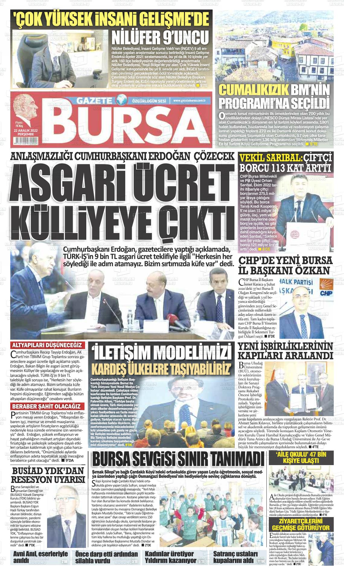 22 Aralık 2022 Gazete Bursa Gazete Manşeti