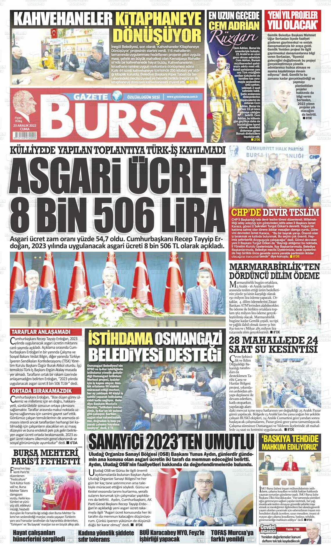 23 Aralık 2022 Gazete Bursa Gazete Manşeti