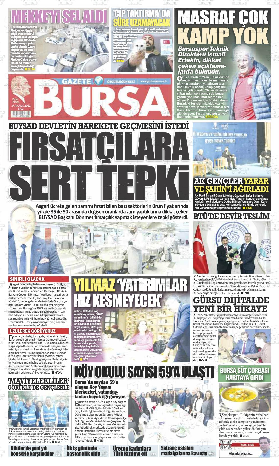 27 Aralık 2022 Gazete Bursa Gazete Manşeti