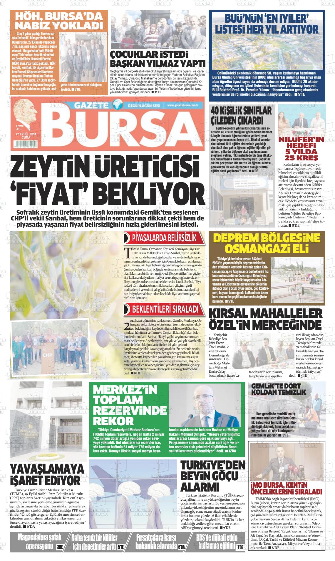 27 Eylül 2024 Gazete Bursa Gazete Manşeti