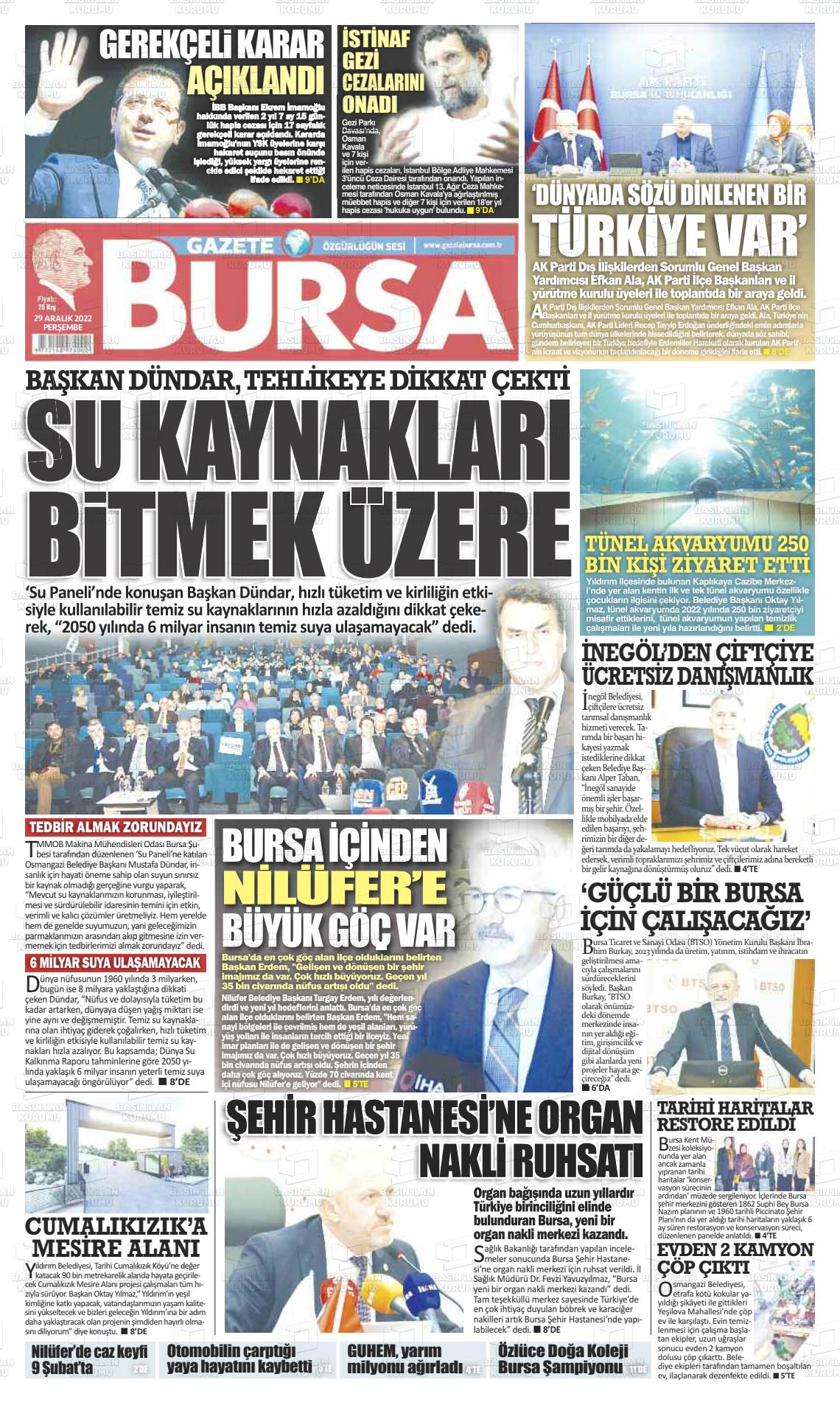 29 Aralık 2022 Gazete Bursa Gazete Manşeti