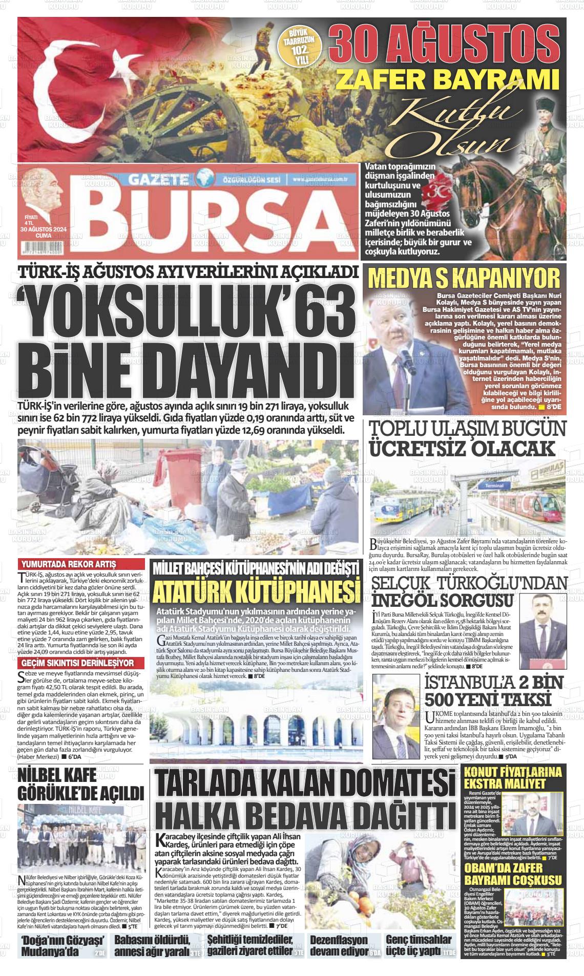 30 Ağustos 2024 Gazete Bursa Gazete Manşeti